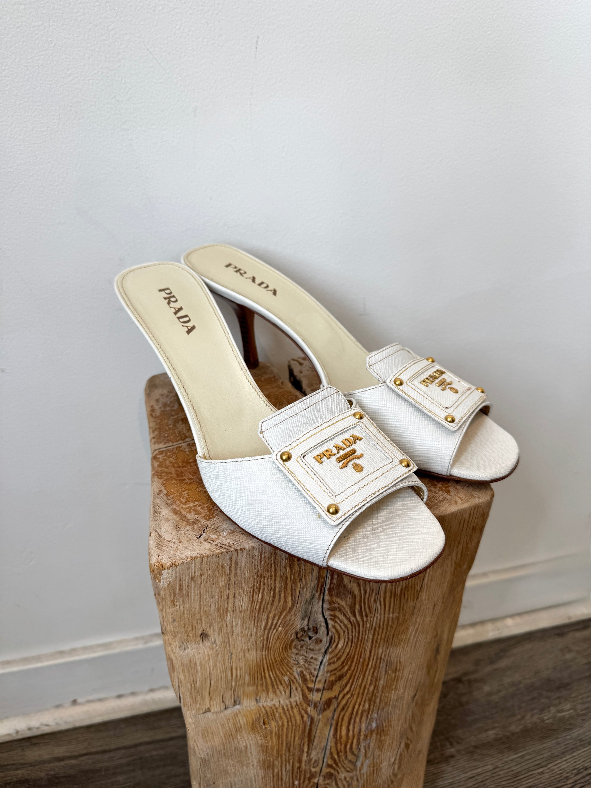 Prada Logo Mule Heels, White, 40