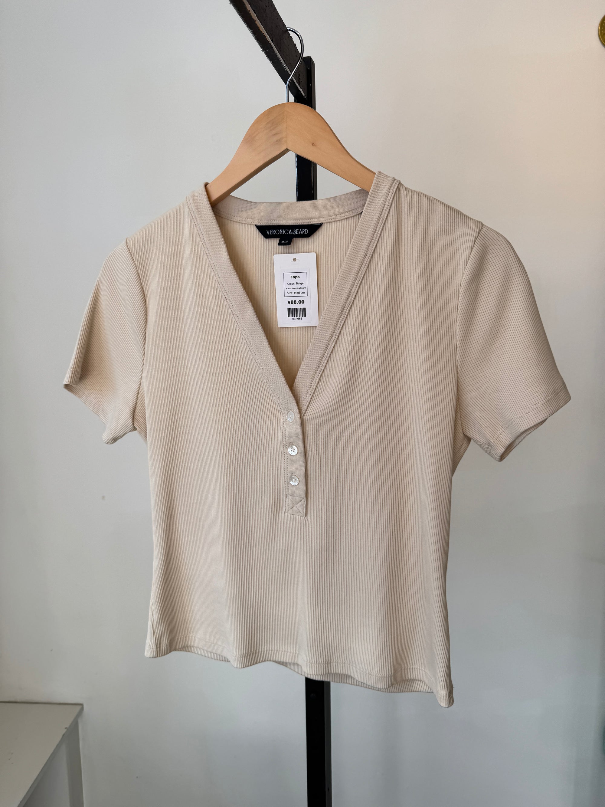 Veronica Beard ribbed short sleeve henley, Beige, Medium
