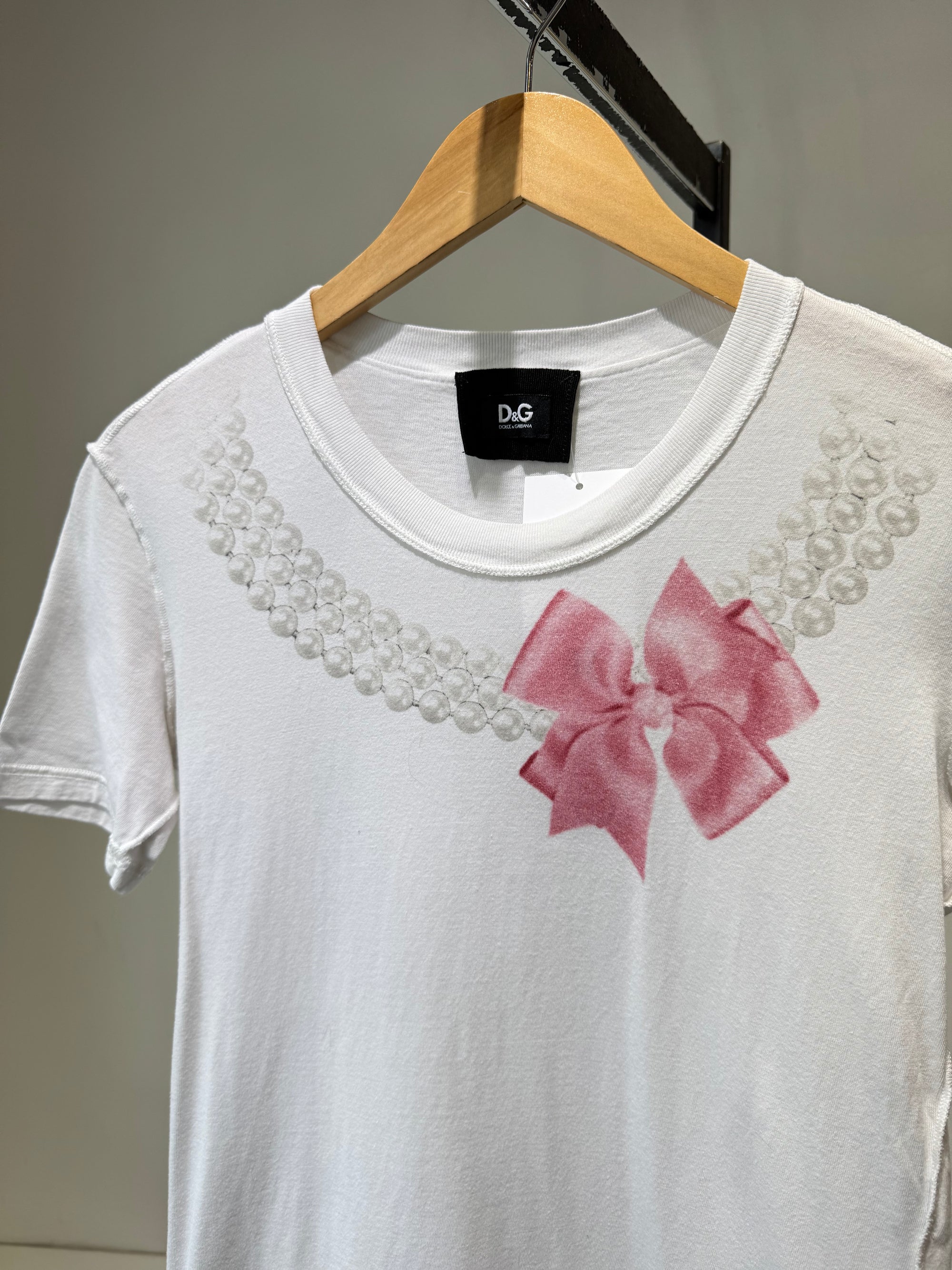 Dolce and Gabbana White Pearl and Bow Printed T-Shirt, 44