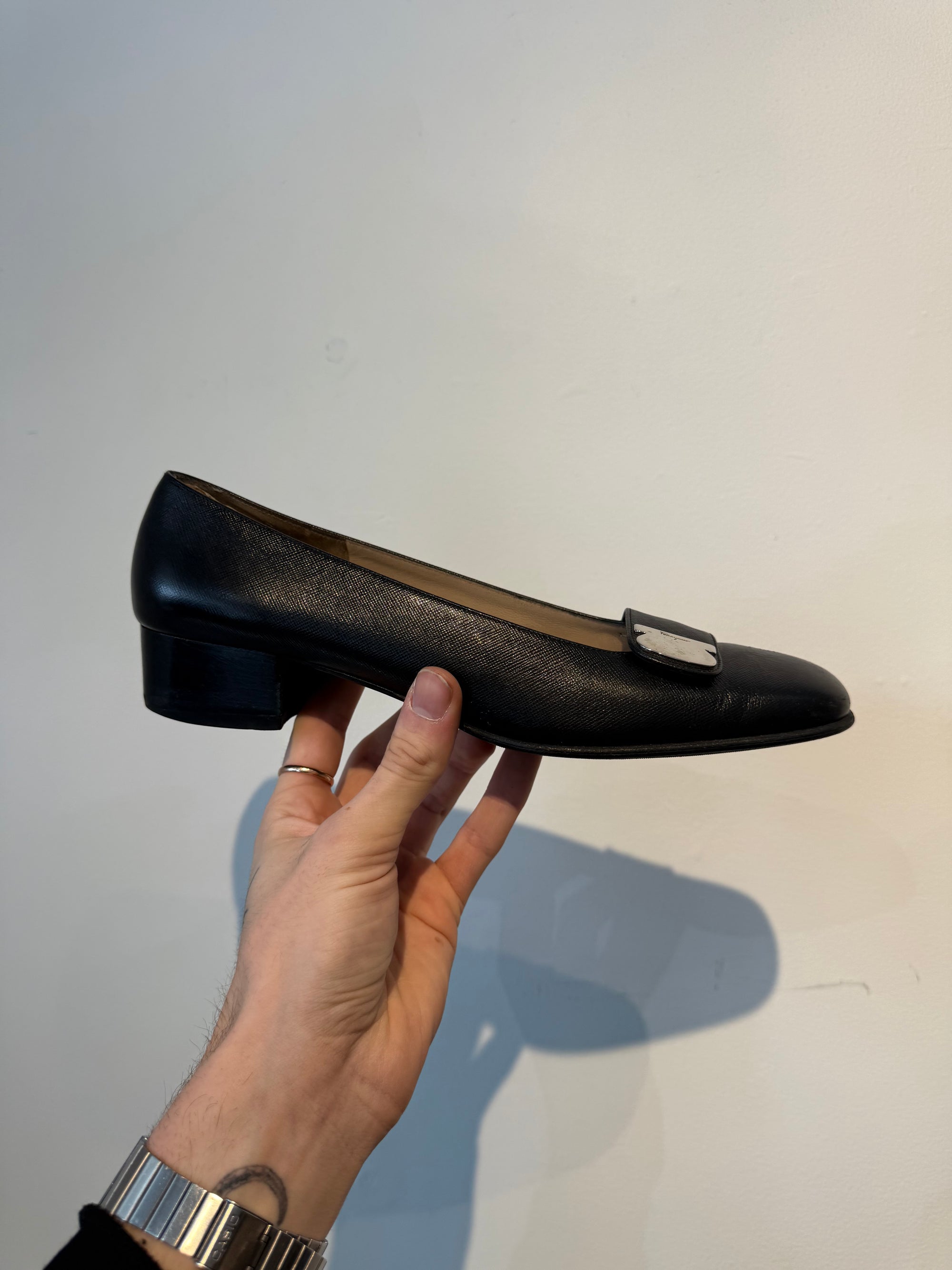 Ferragamo Vintage Block Heel Flats Black, 9.5