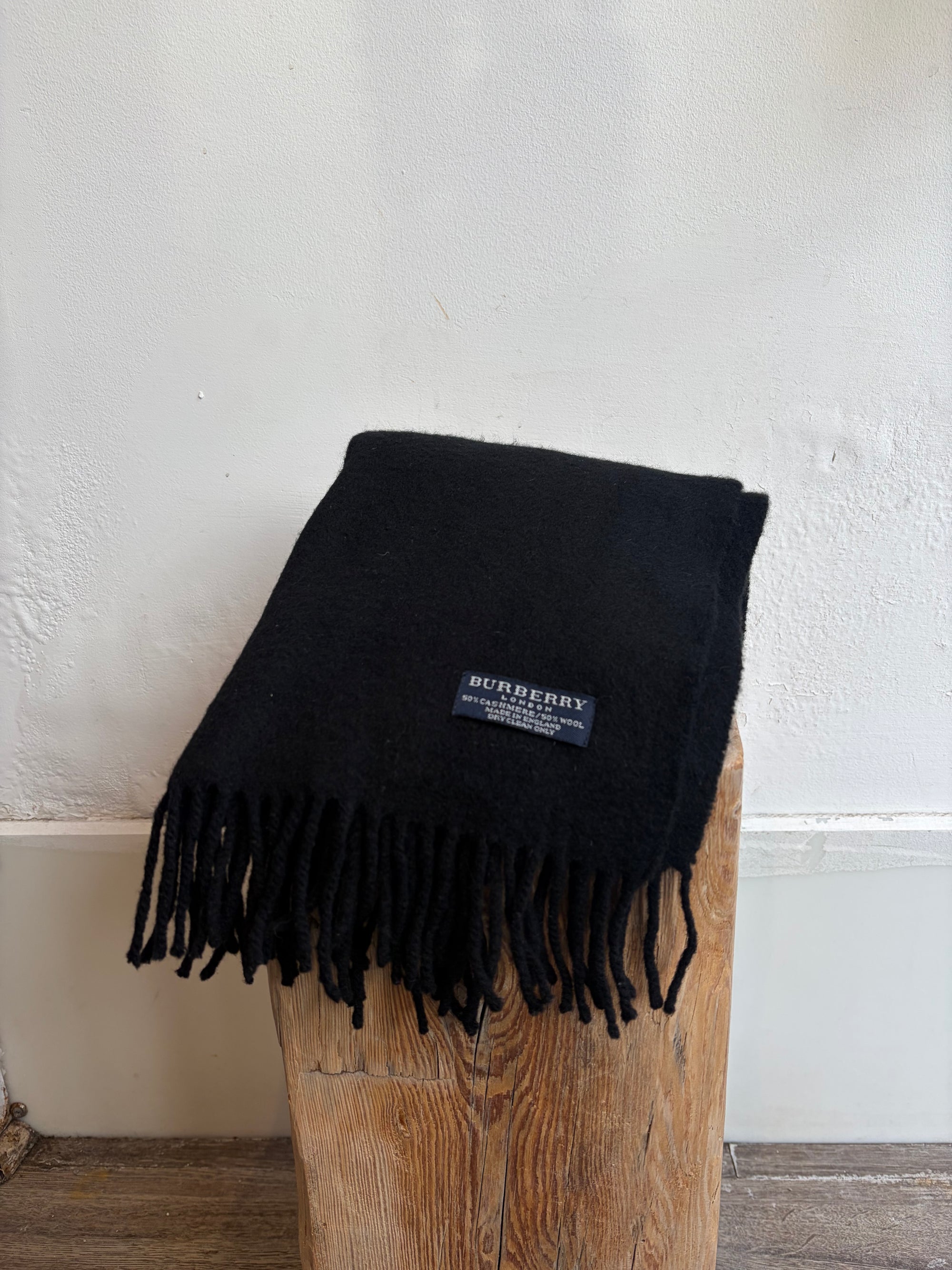 Burberry wool/cashmere  black fringe scarf