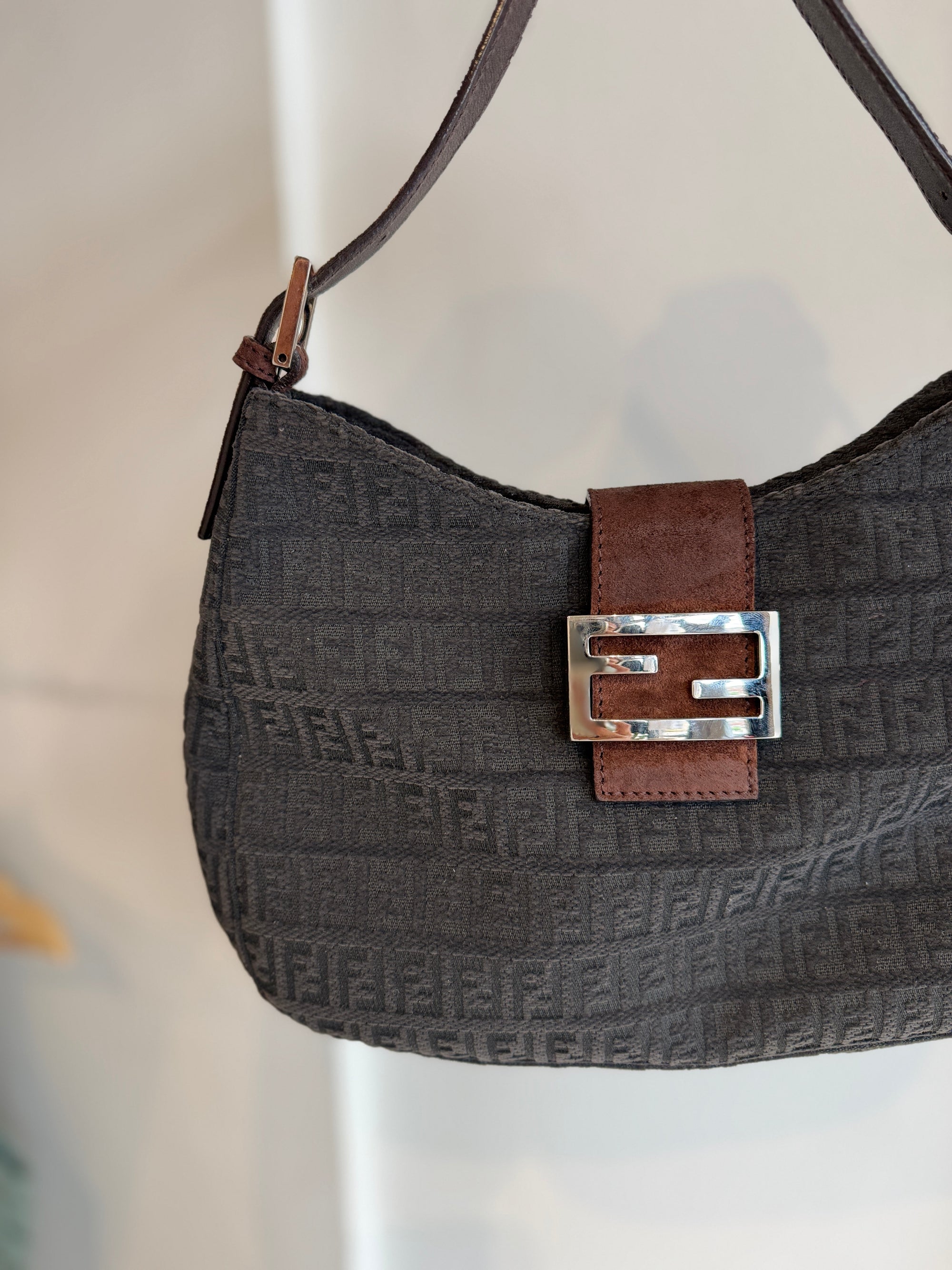 Fendi Vintage Hobo Shoulder Bag, Zucchino Monogram, Black/Brown