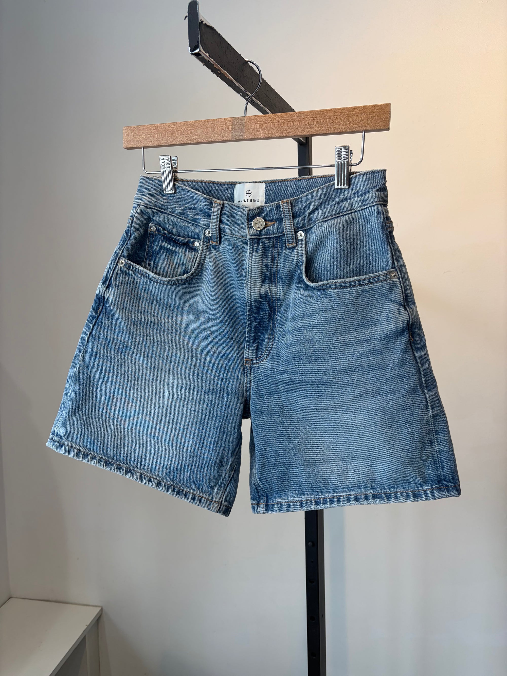 Anine Bing rolled hem denim shorts, Blue, 24