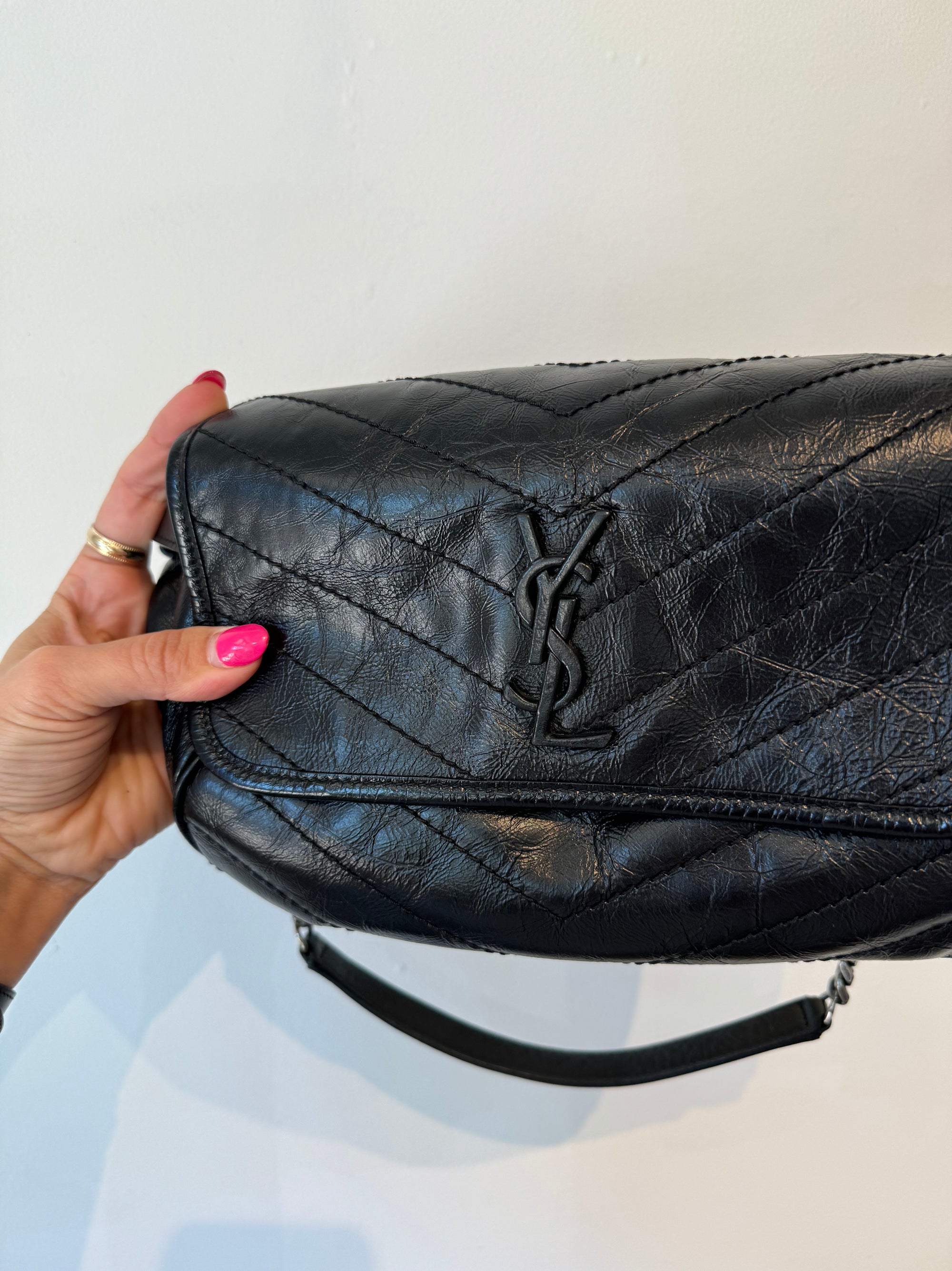 YSL crinkled leather black Nikki Belt Bag