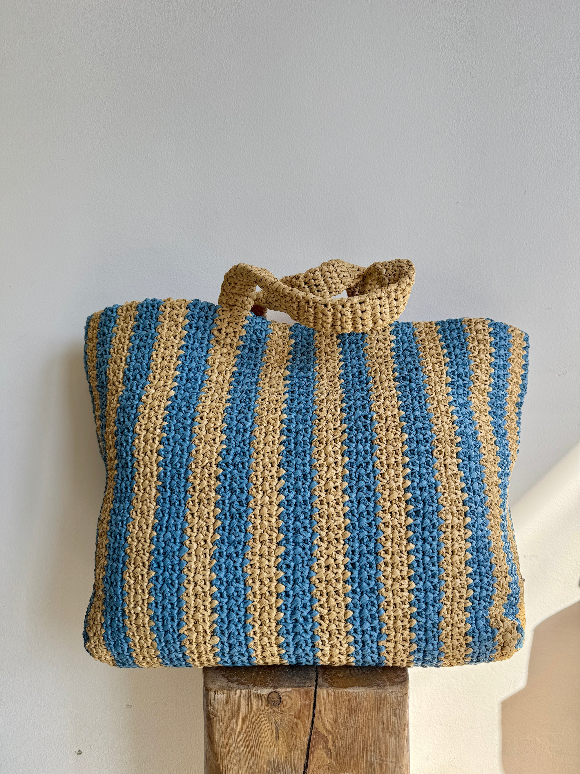 Prada Raffia Tote Bag, Tan / Blue, Large