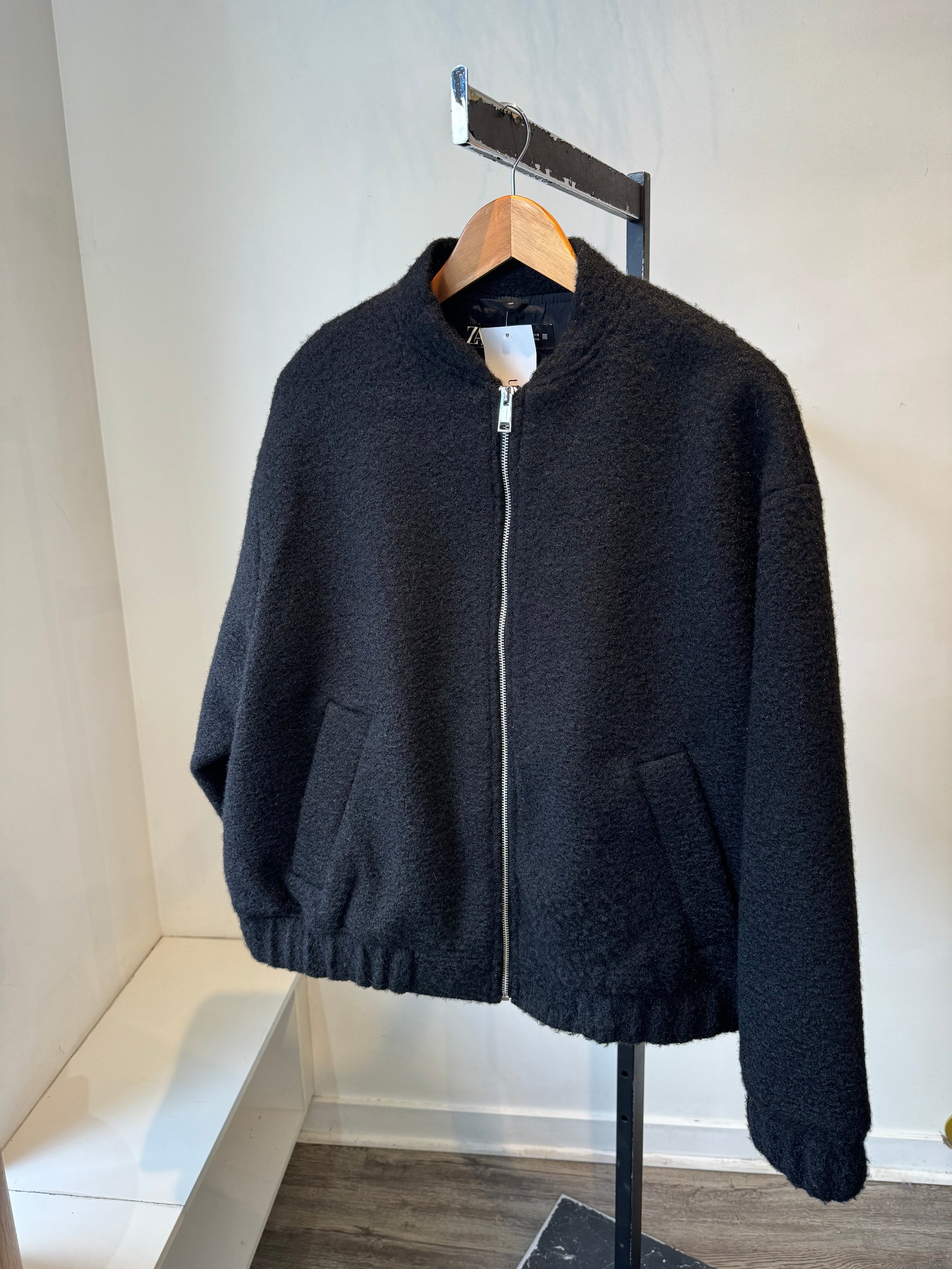 Zara bouclé bomber jacket, black, large - Main Image