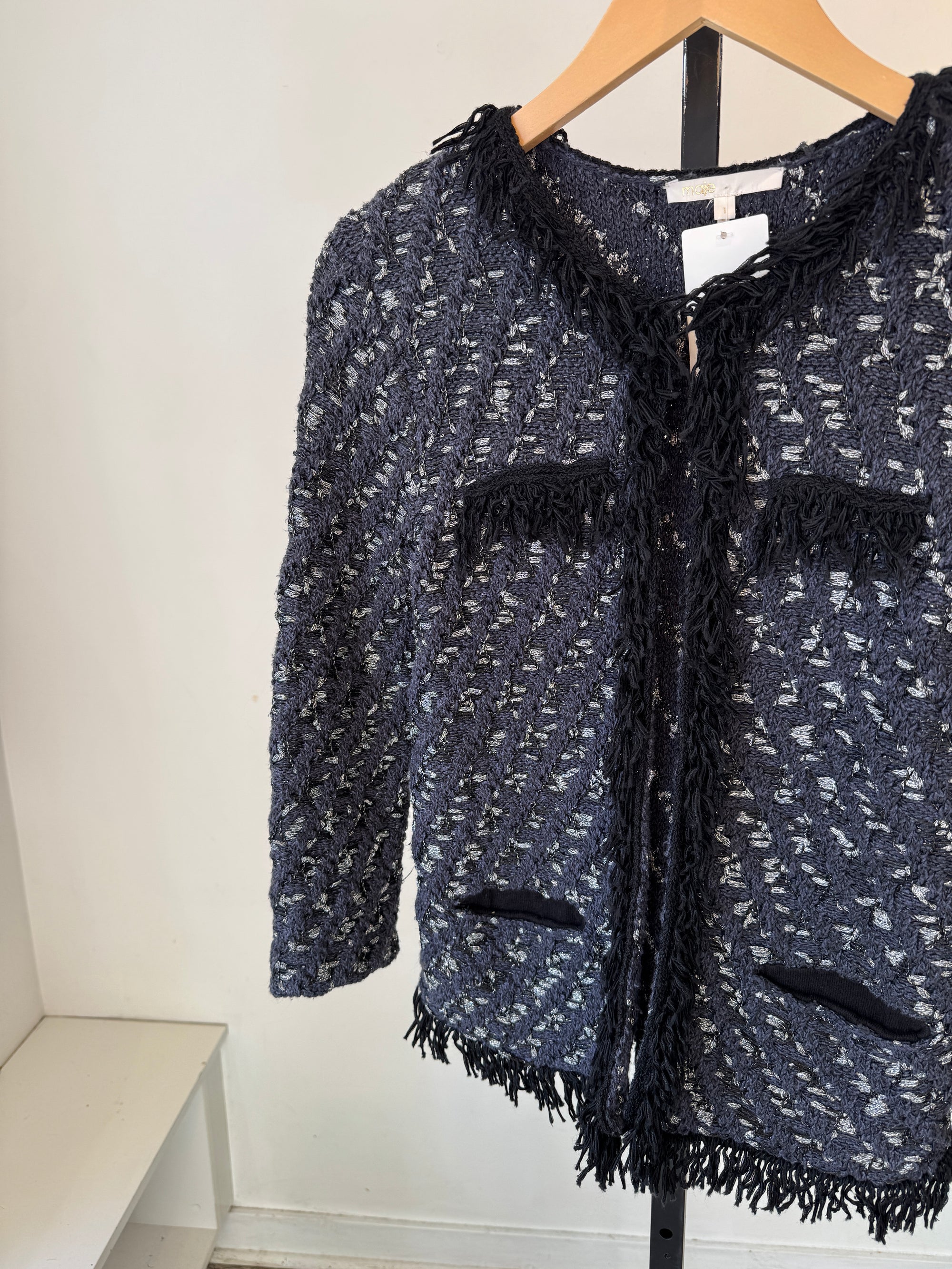 Maje tweed fringe open blazer, Navy, 1