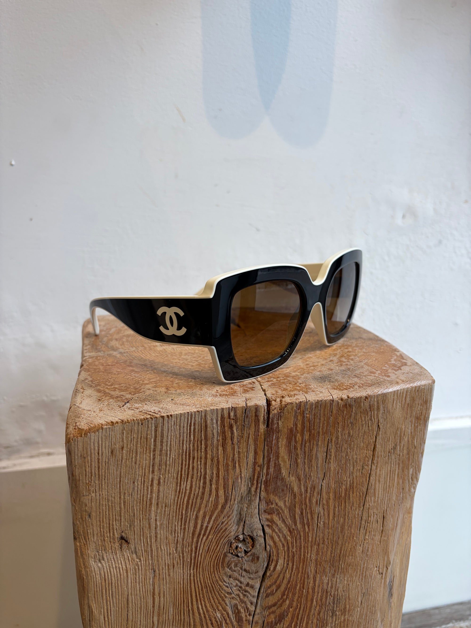 Chanel CC Logo Square Sunglasses, Black / White