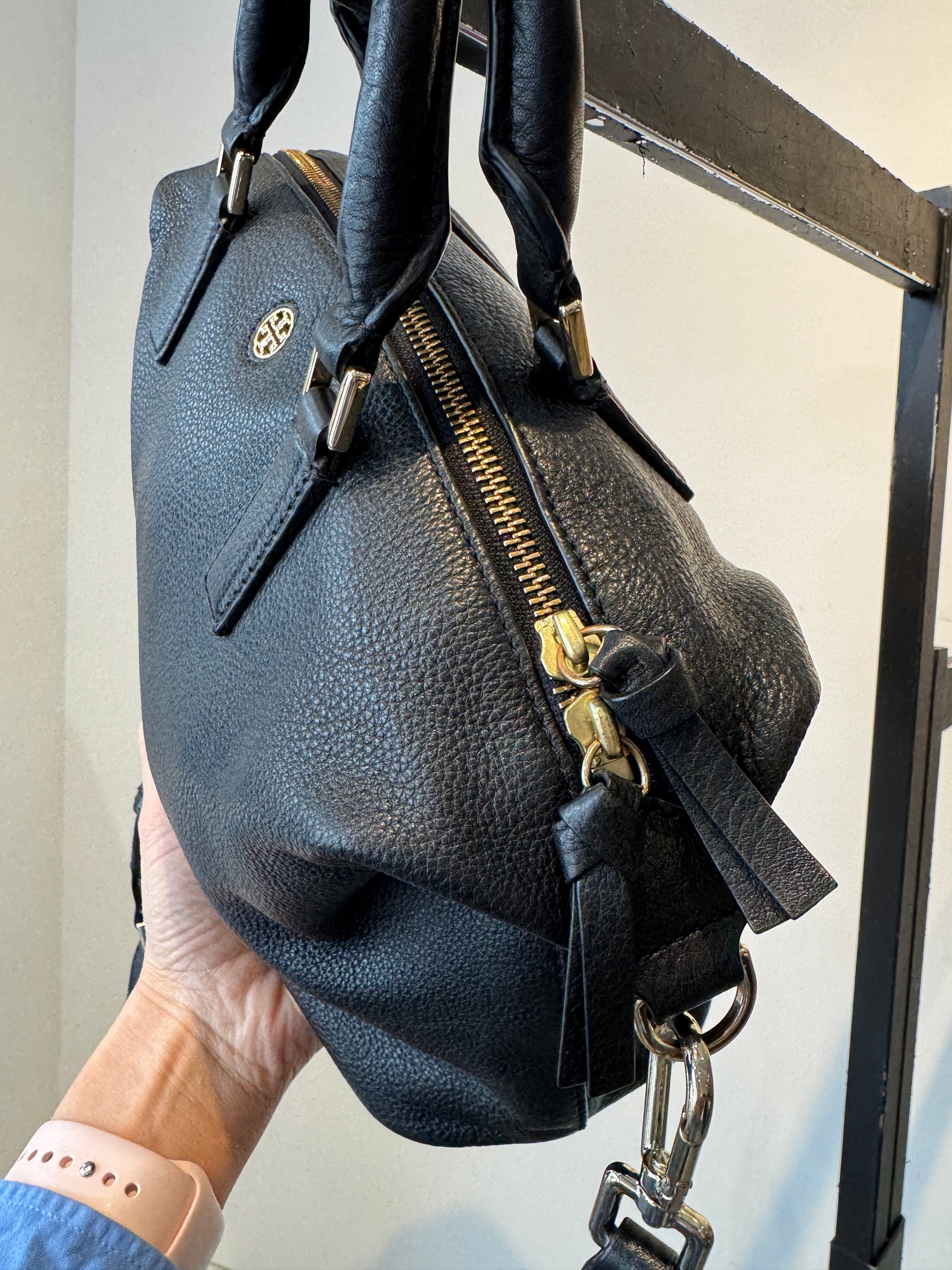 Tory Burch black leather top handle handbag, Black