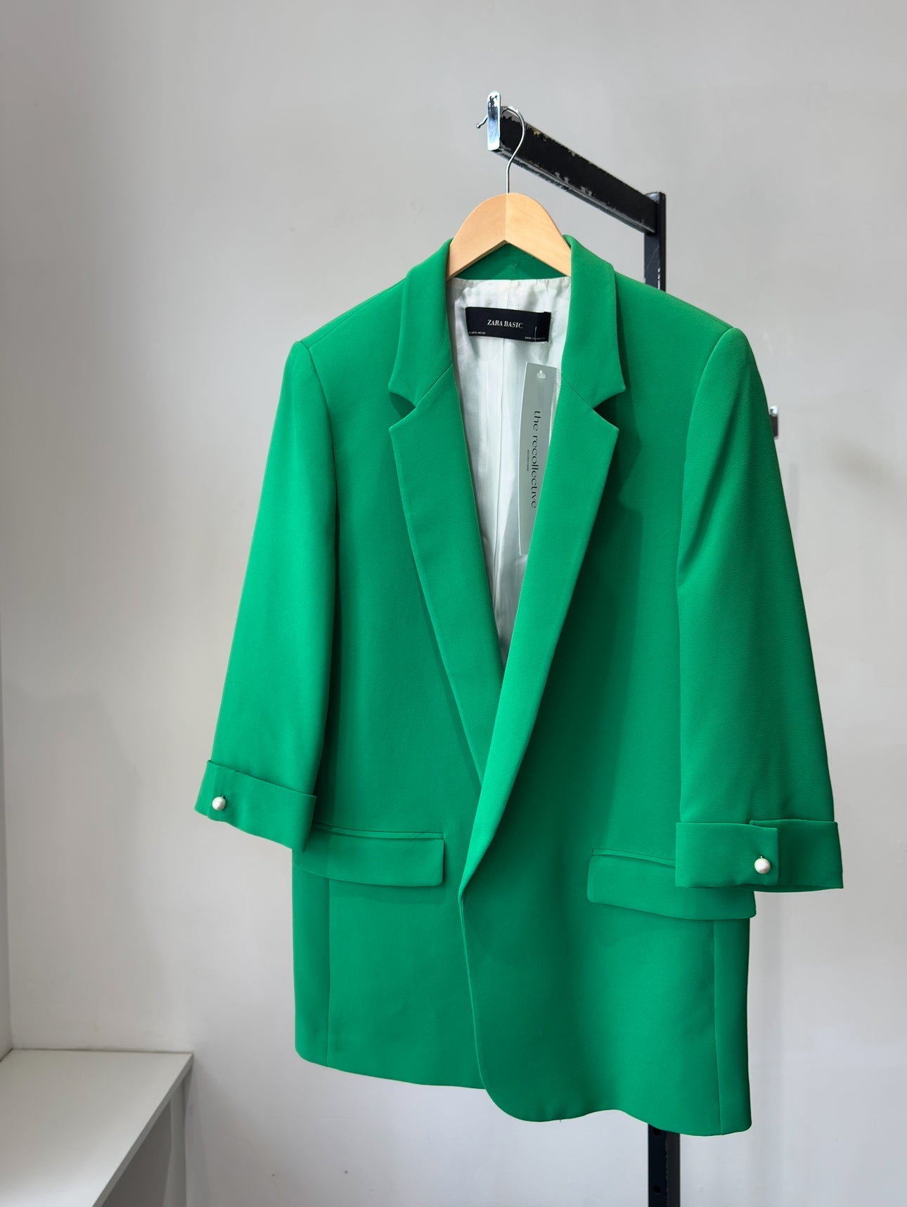 Zara Open Blazer With Pearl Cuff Detail Green, XL