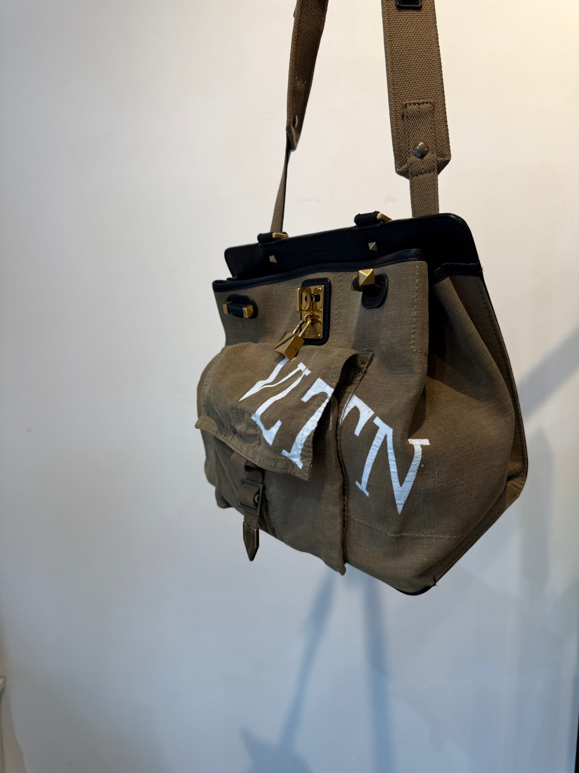 Valentino Garavani Joylock Canvas/Leather Handbag, Khaki