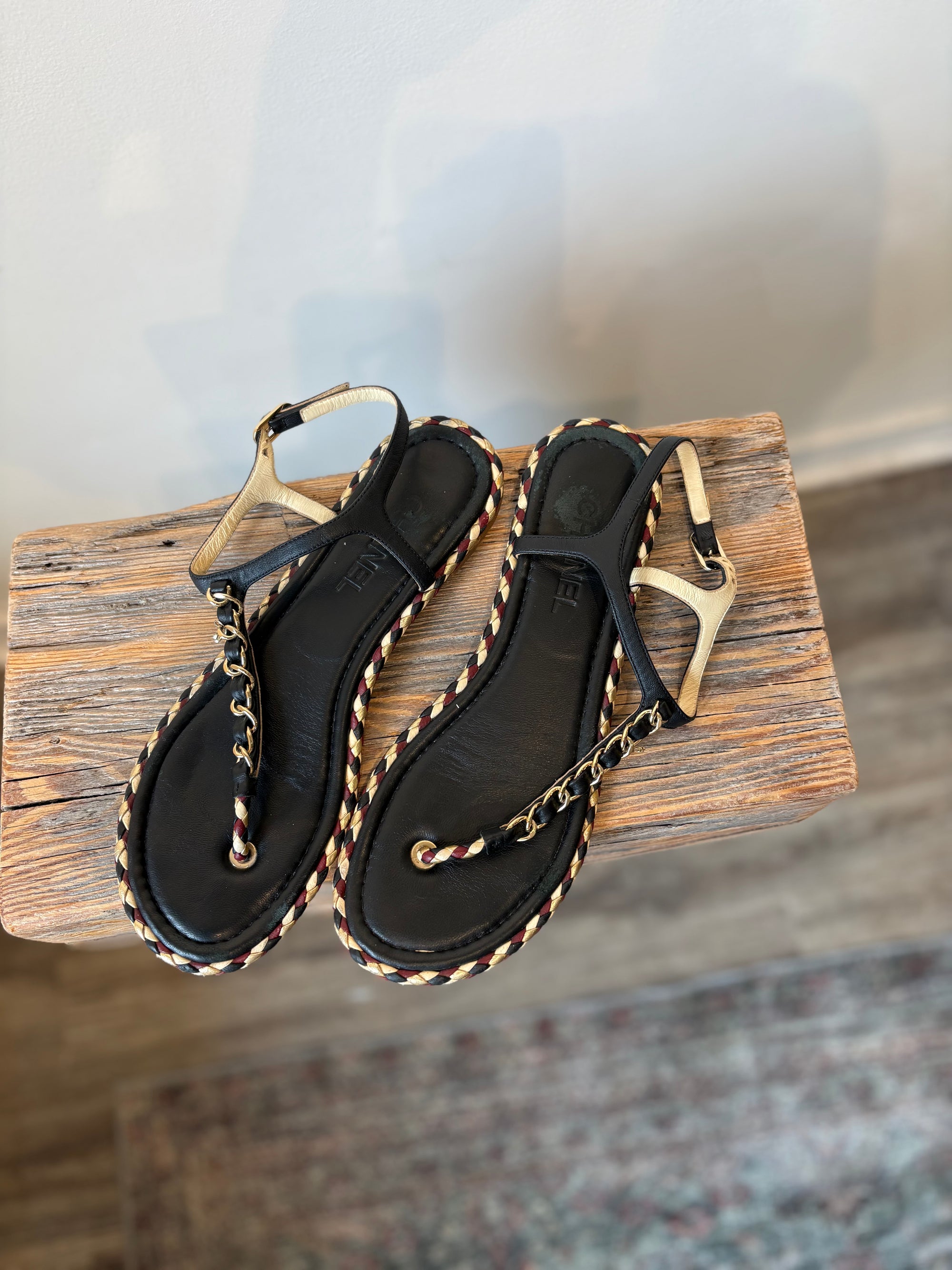 Chanel T-Strap Sandals, Black/Burgundy, 40