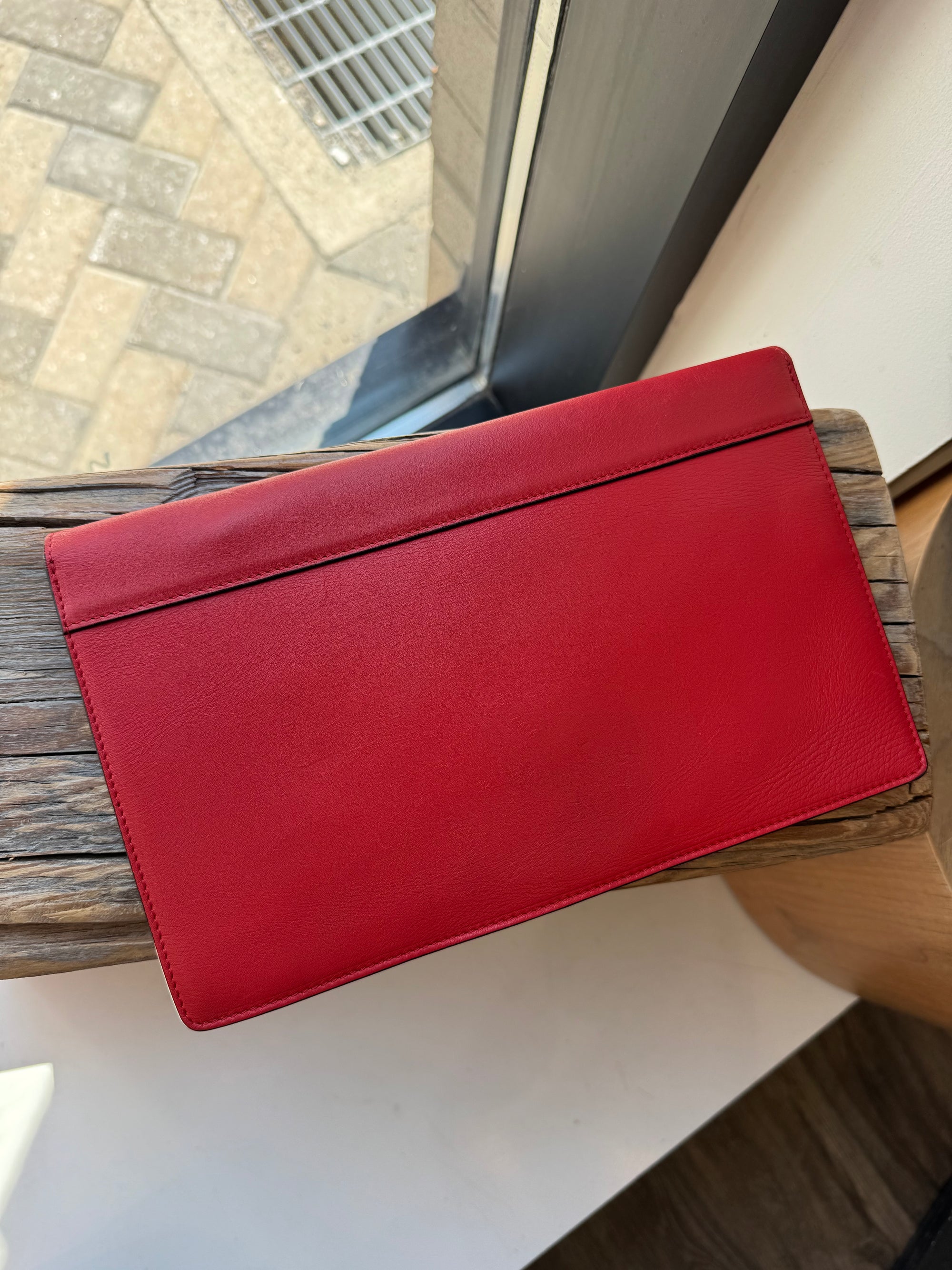 Celine Red Leather And Suede Diamond Clutch Handbag