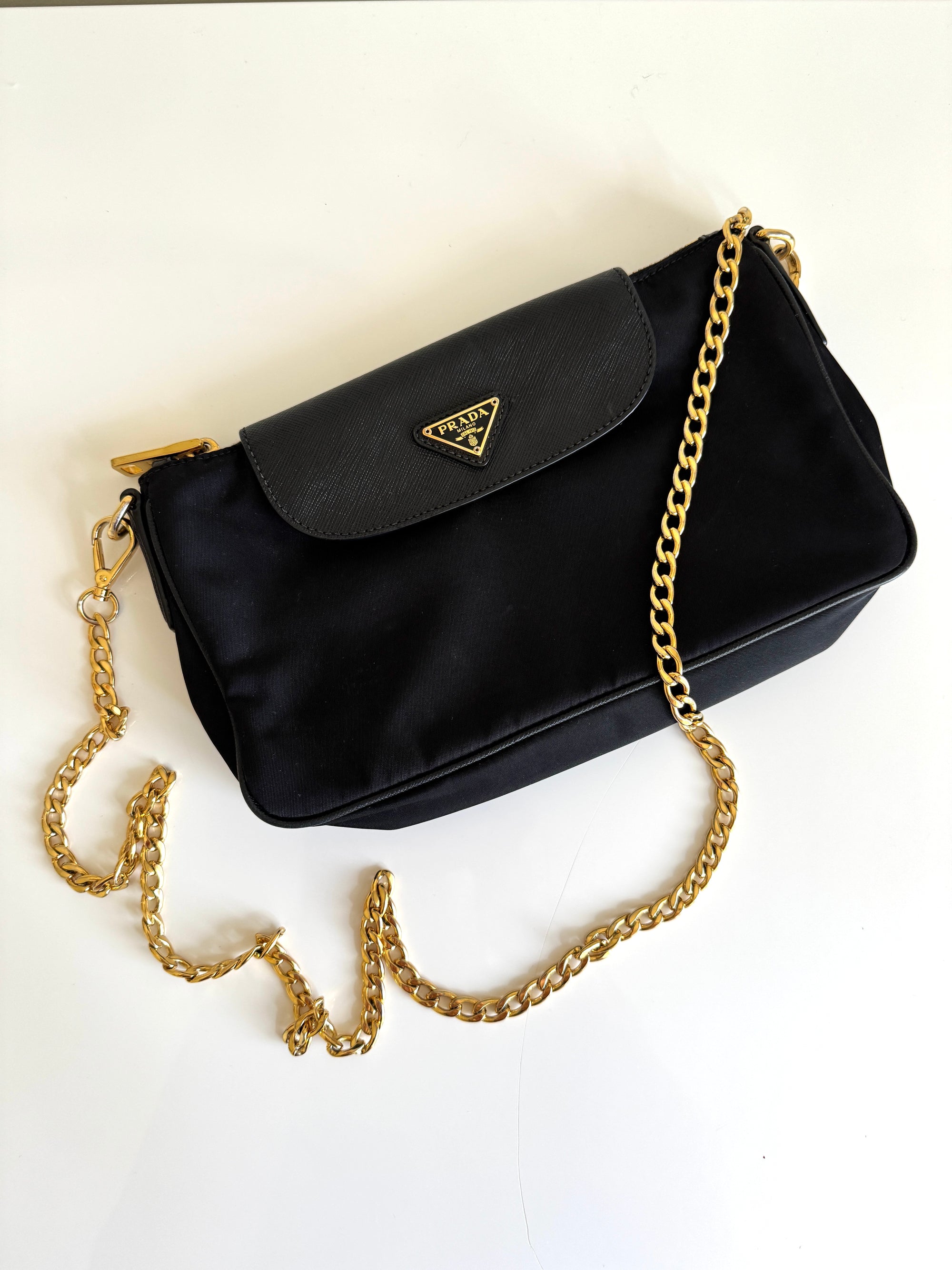 Prada Saffiano Trimmed Nylon Crossbody with gold chain,  Black