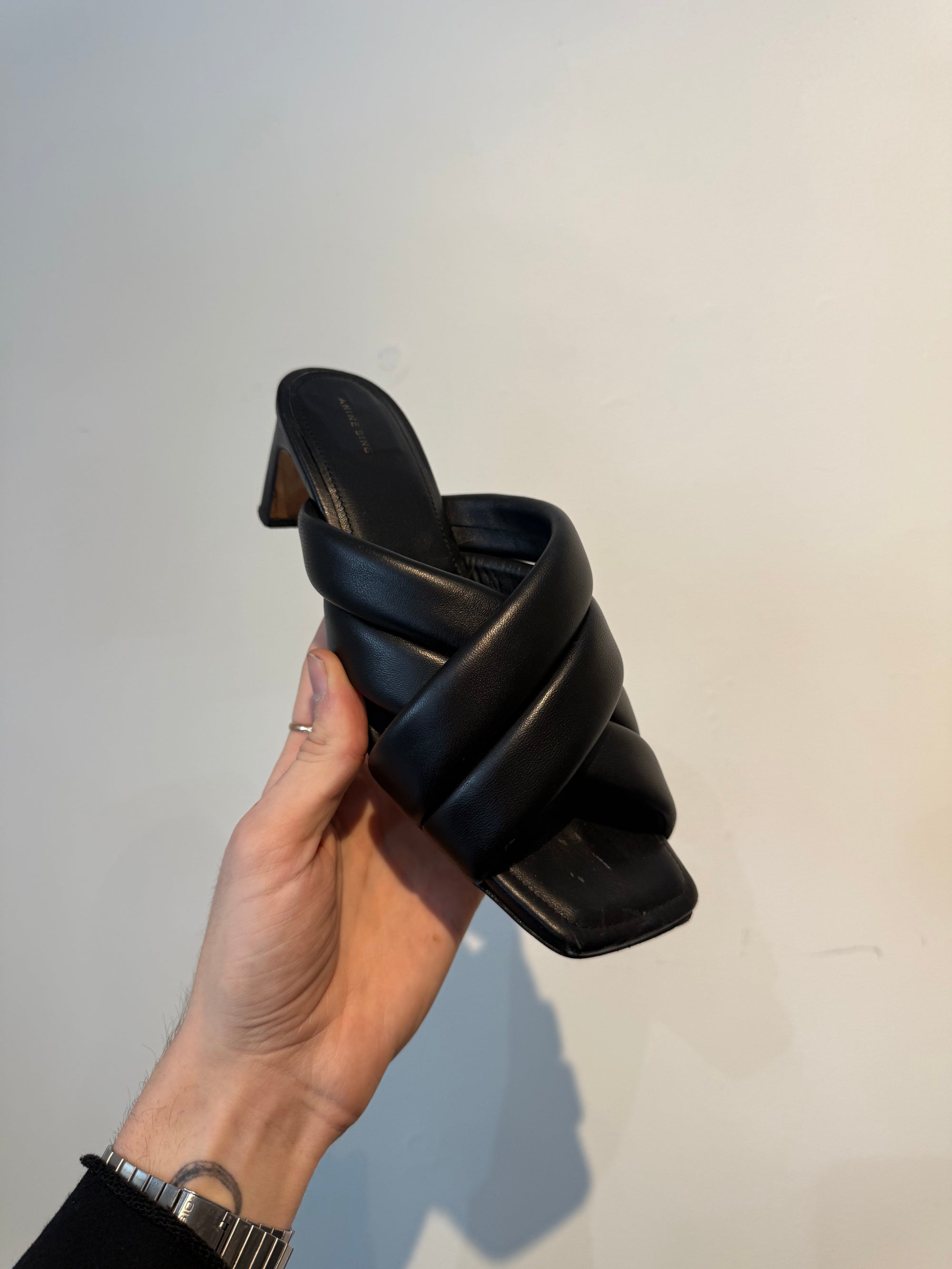 Anine Bing leather cross strap heeled sandals, Black, 38