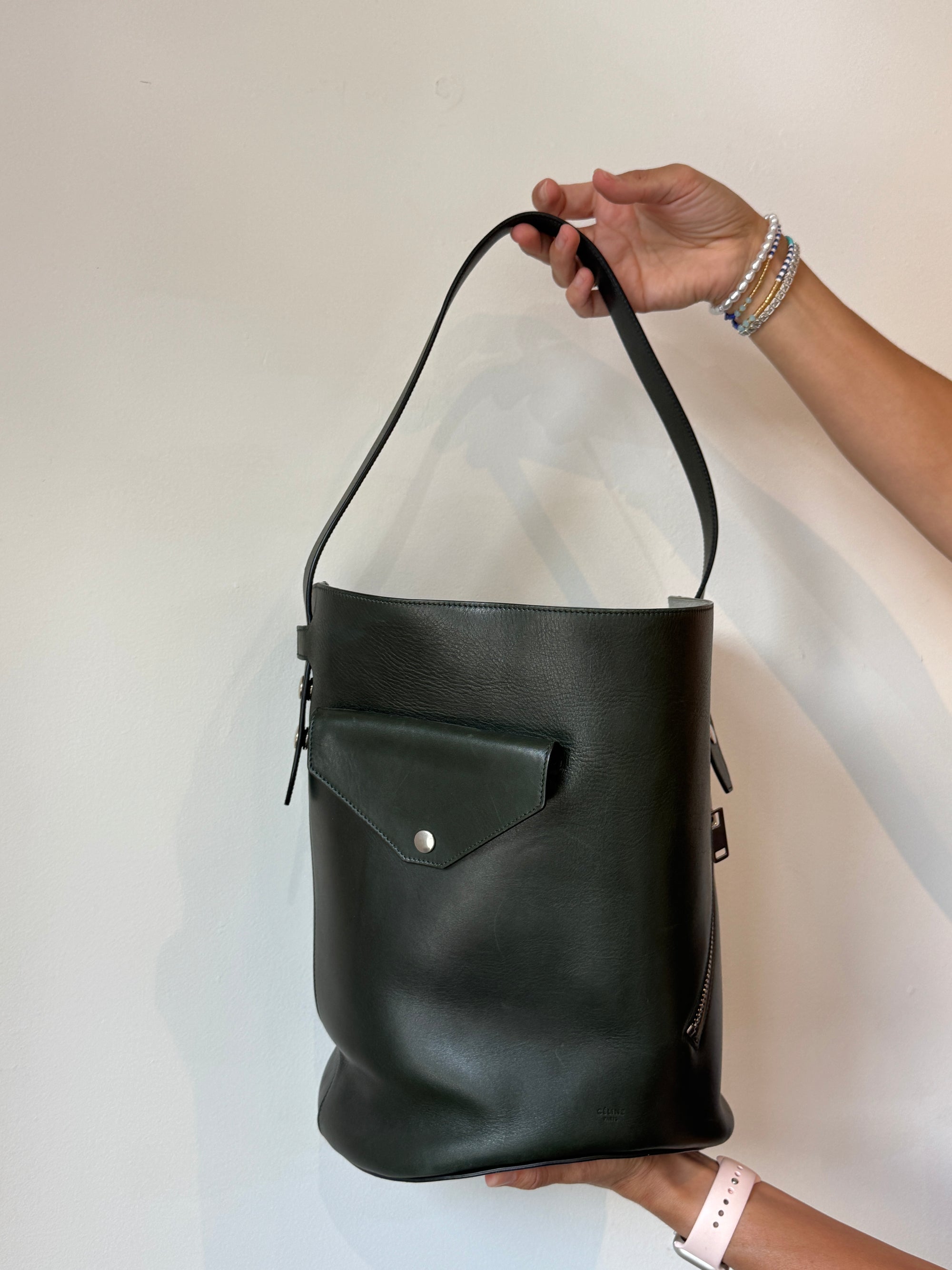 Celine Leather Bucket Bag Dark Forest Green