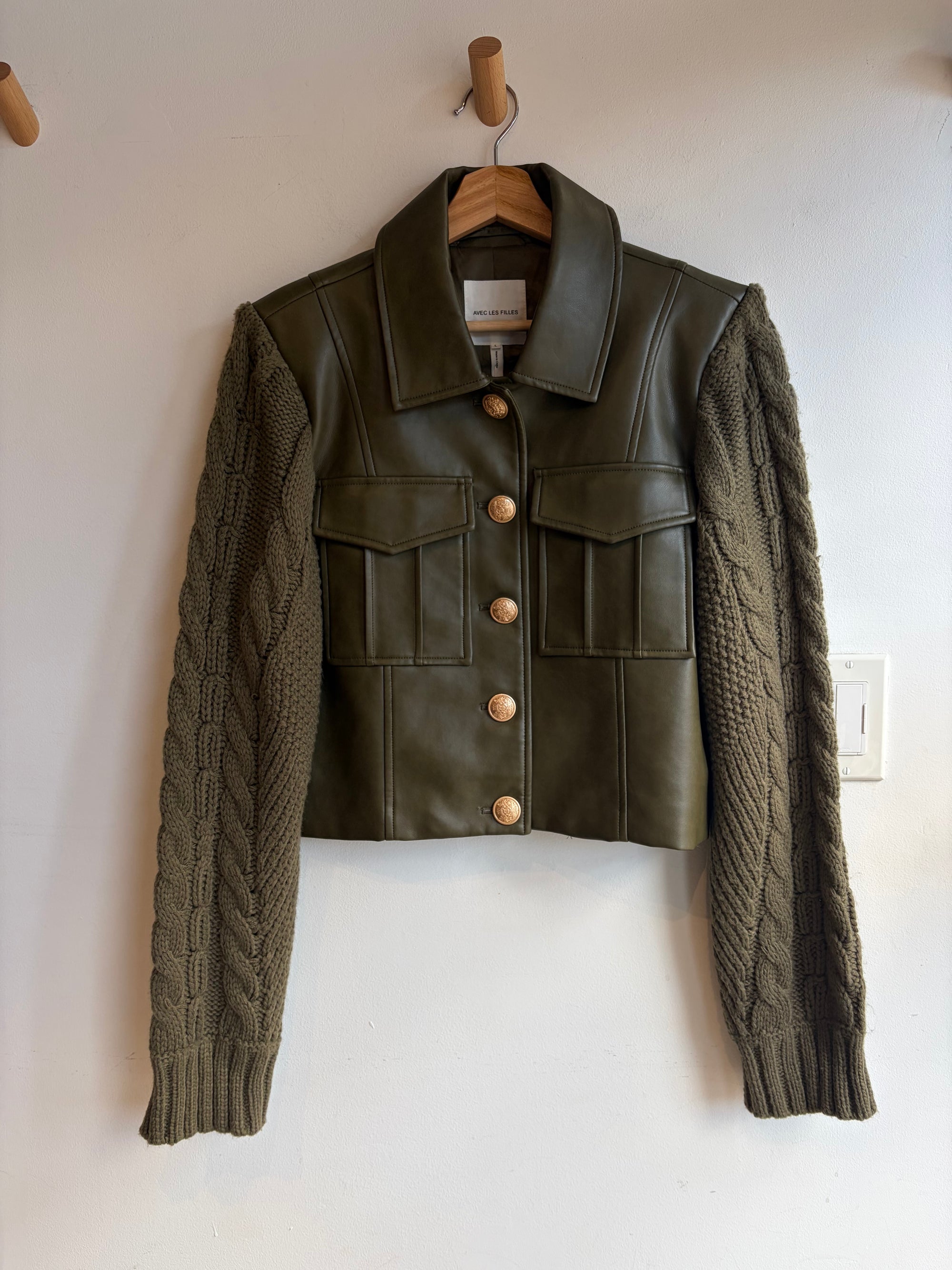 Avec Les Filles, faux leather cropped utility jacket with crochet sleeves, Large