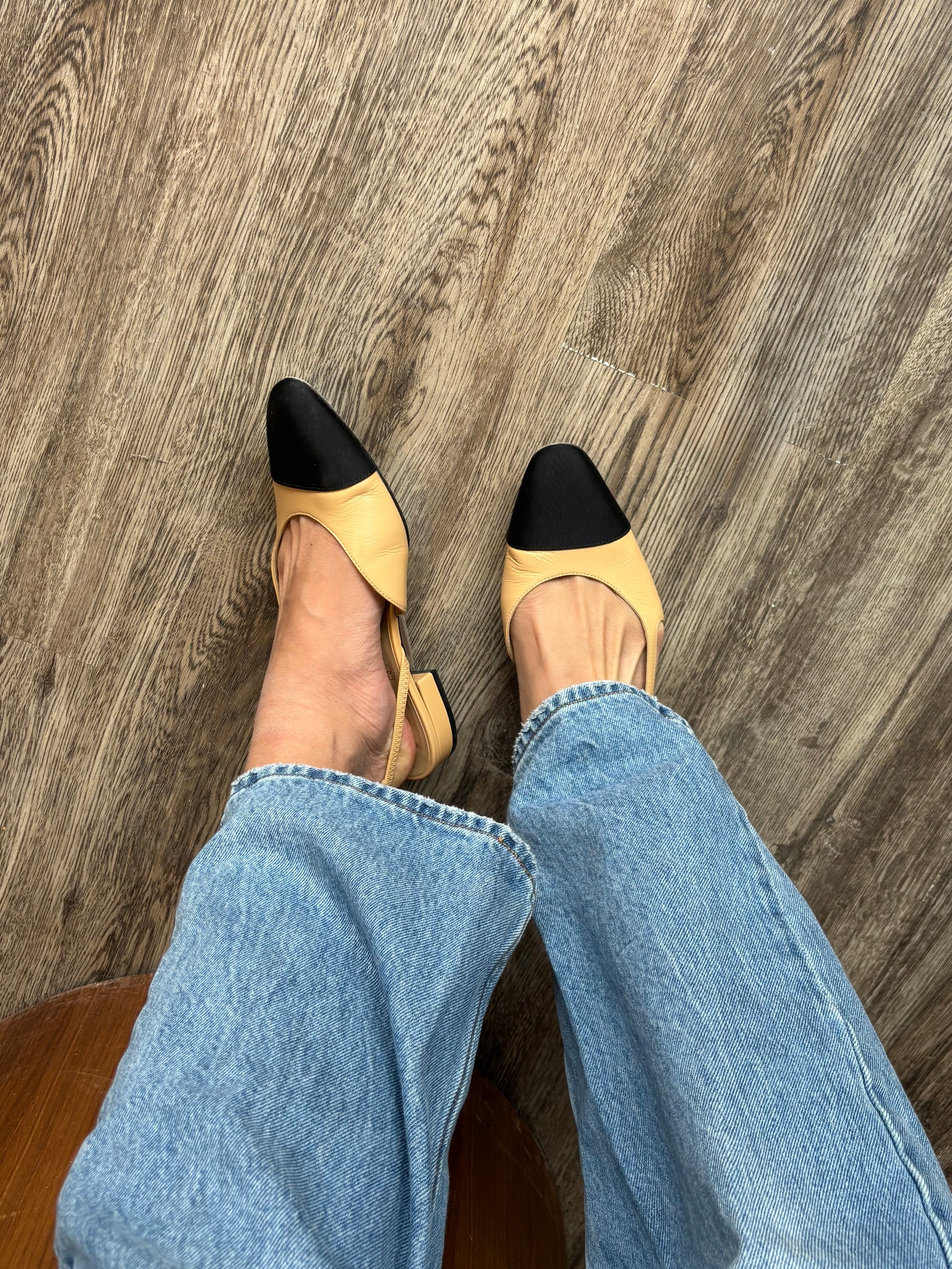 Chanel Toe Cap Slingback Flats Beige, Black, 36.5