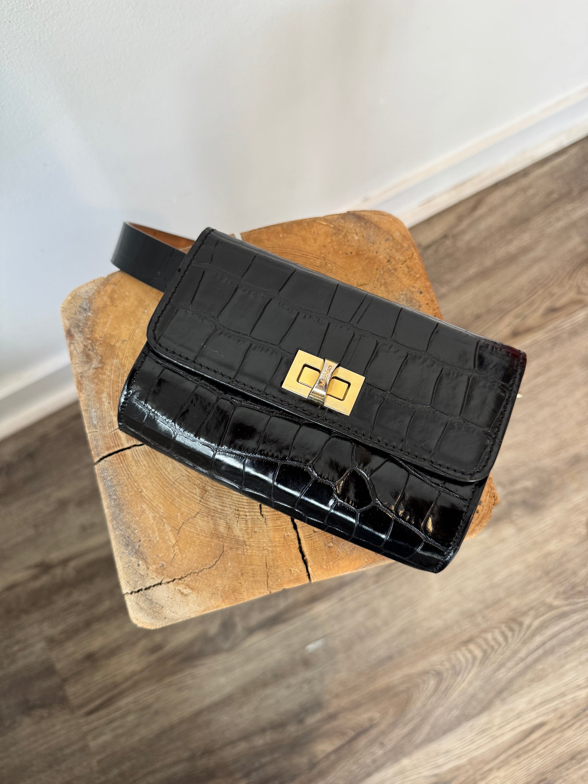 MaxMara leather croc belt bag, Black, Medium