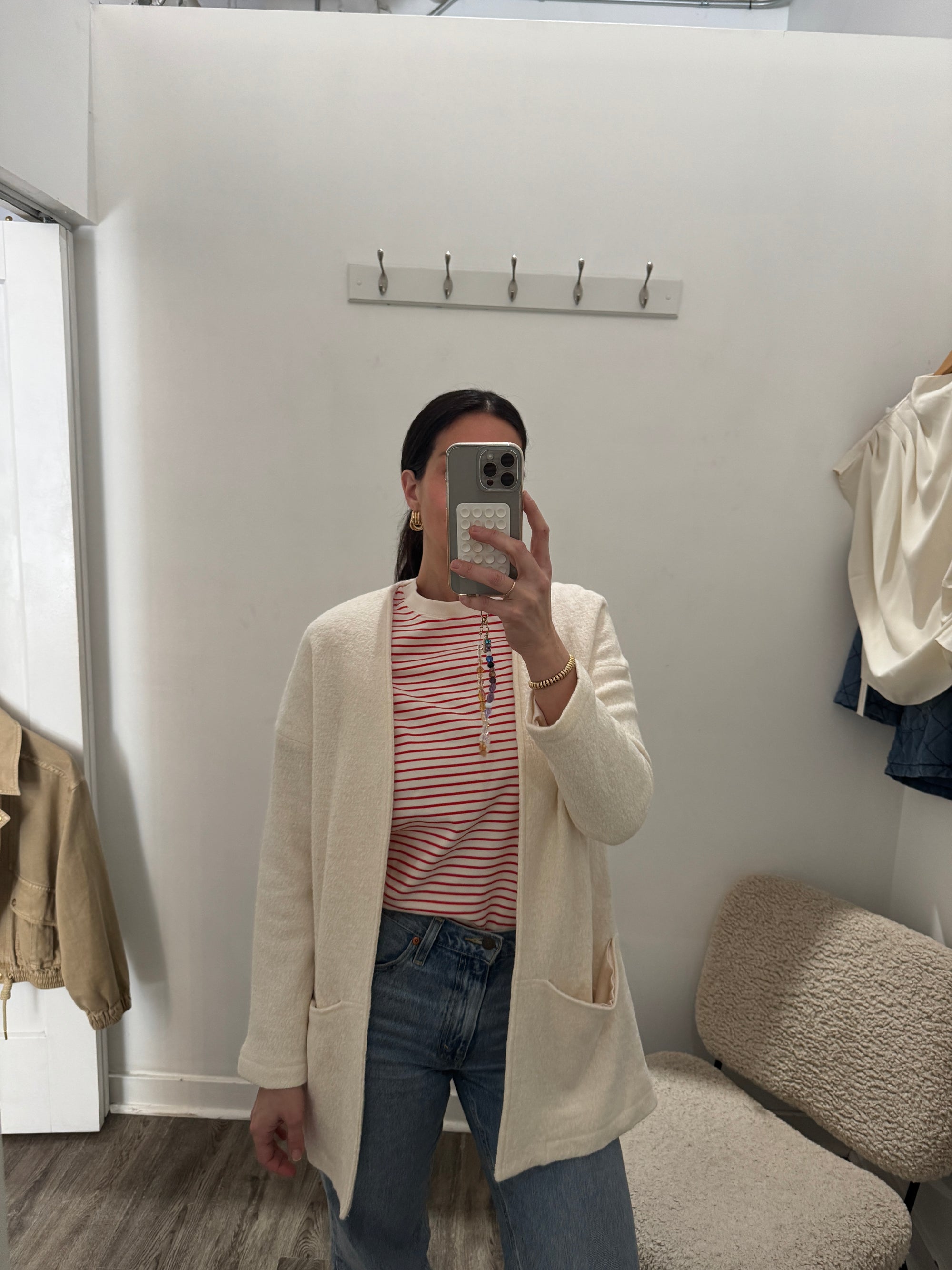 Emma Knudsen Lined Textured Open Cardigan, Cream, XS