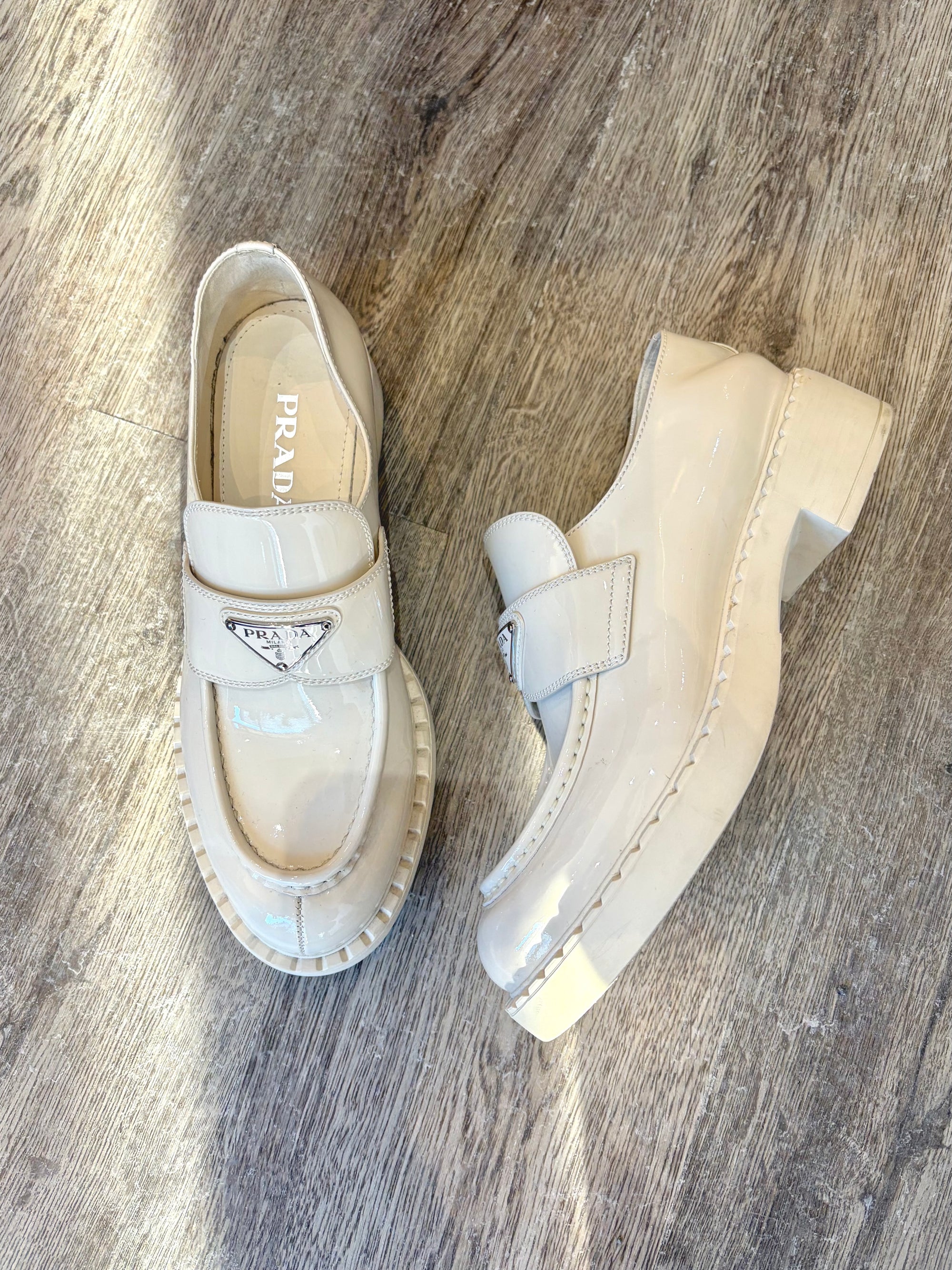 Prada Logo Plaque Loafers, White, 40