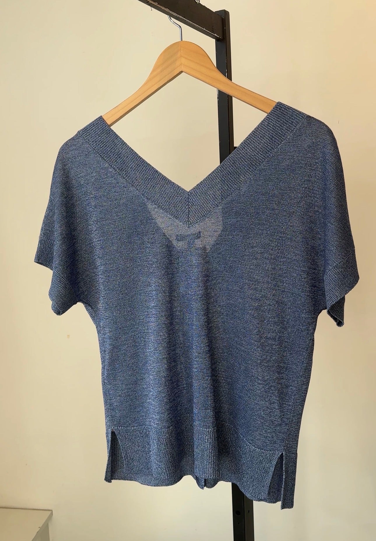 Massimo Dutti Semi Sheer Button-up Short Knit Sleeve Top, Blue, XS