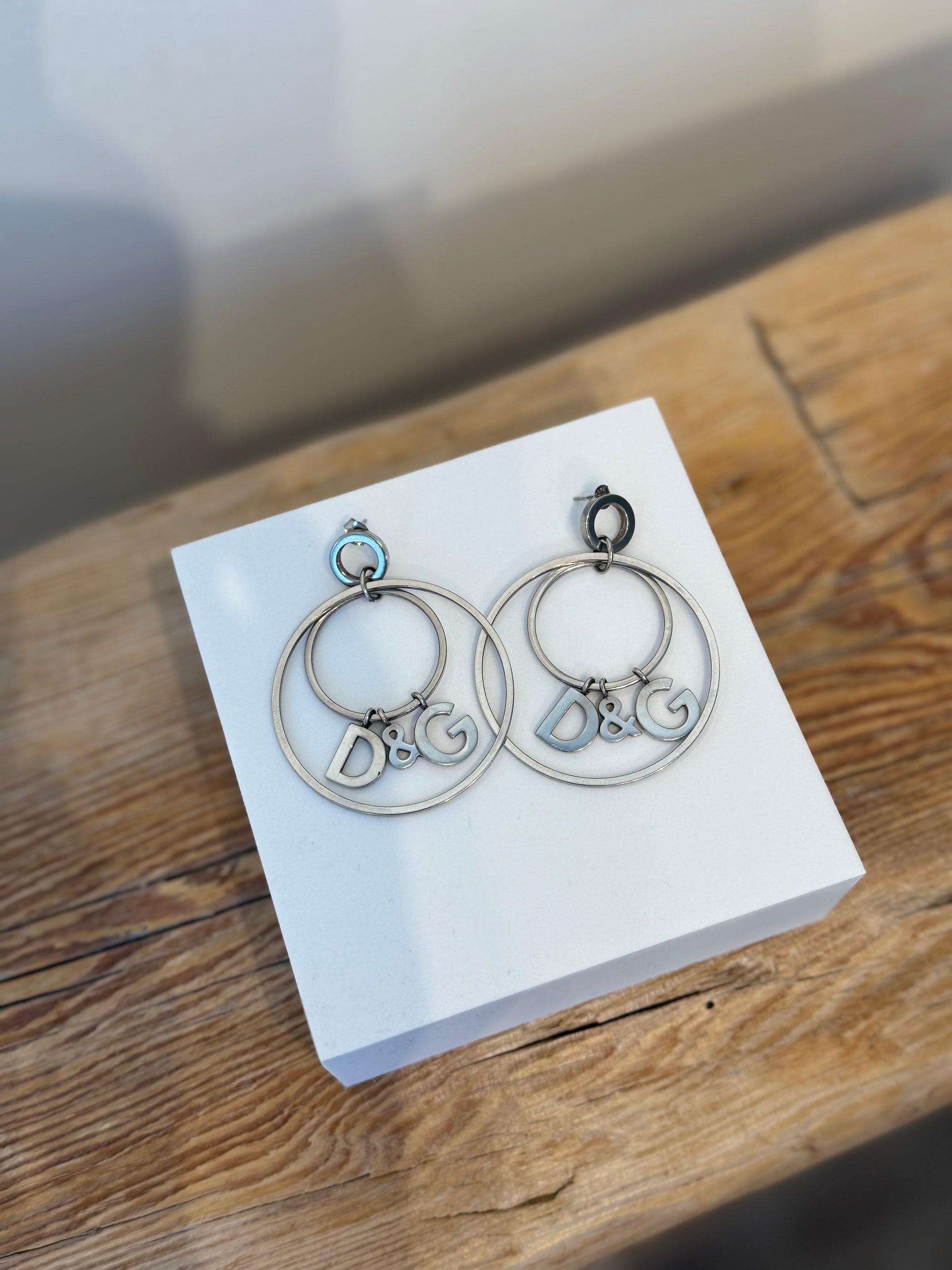 Dolce & Gabbana Double Hoop Logo Charm Earrings, Silver