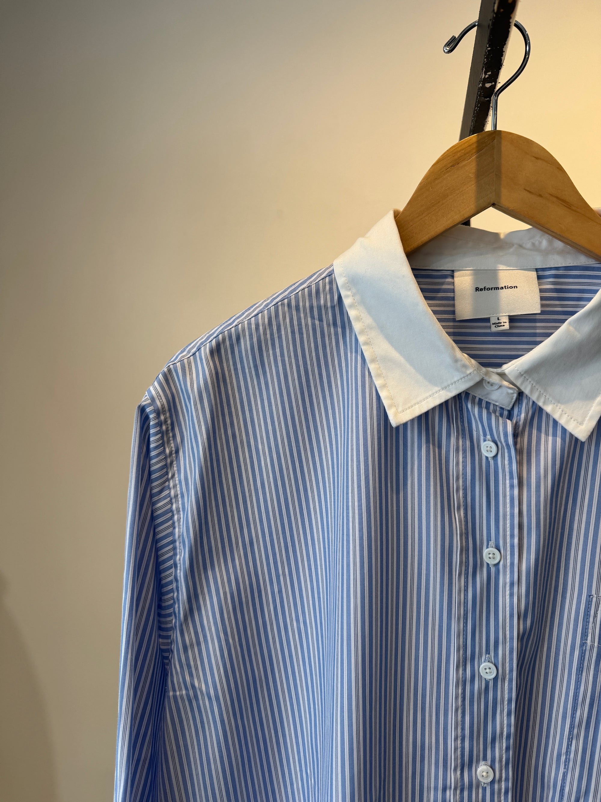 Reformation Eli oversized pinstripe blouse, Blue, Large