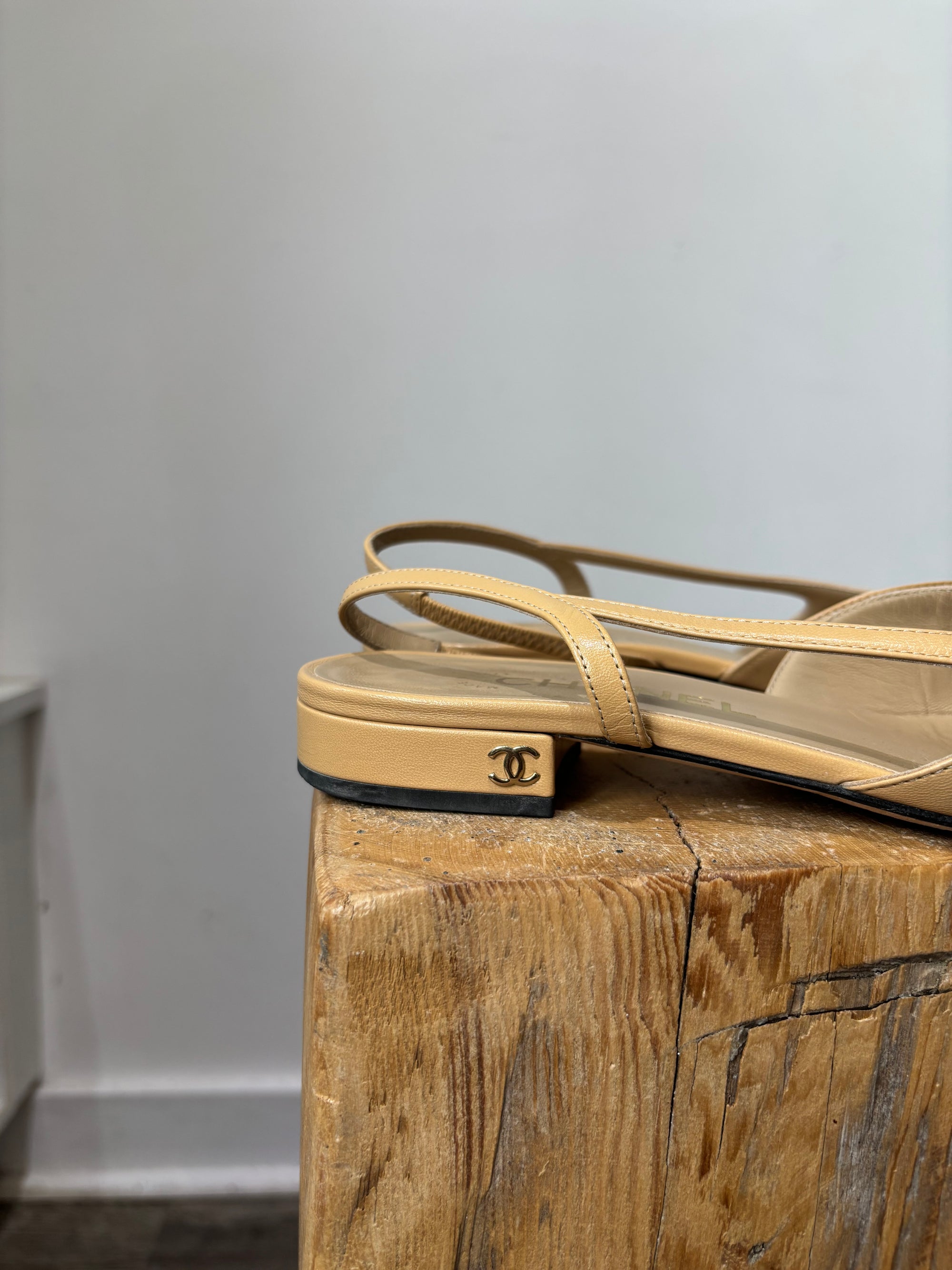 Chanel Toe Cap Slingback Flats Beige, Black, 36.5