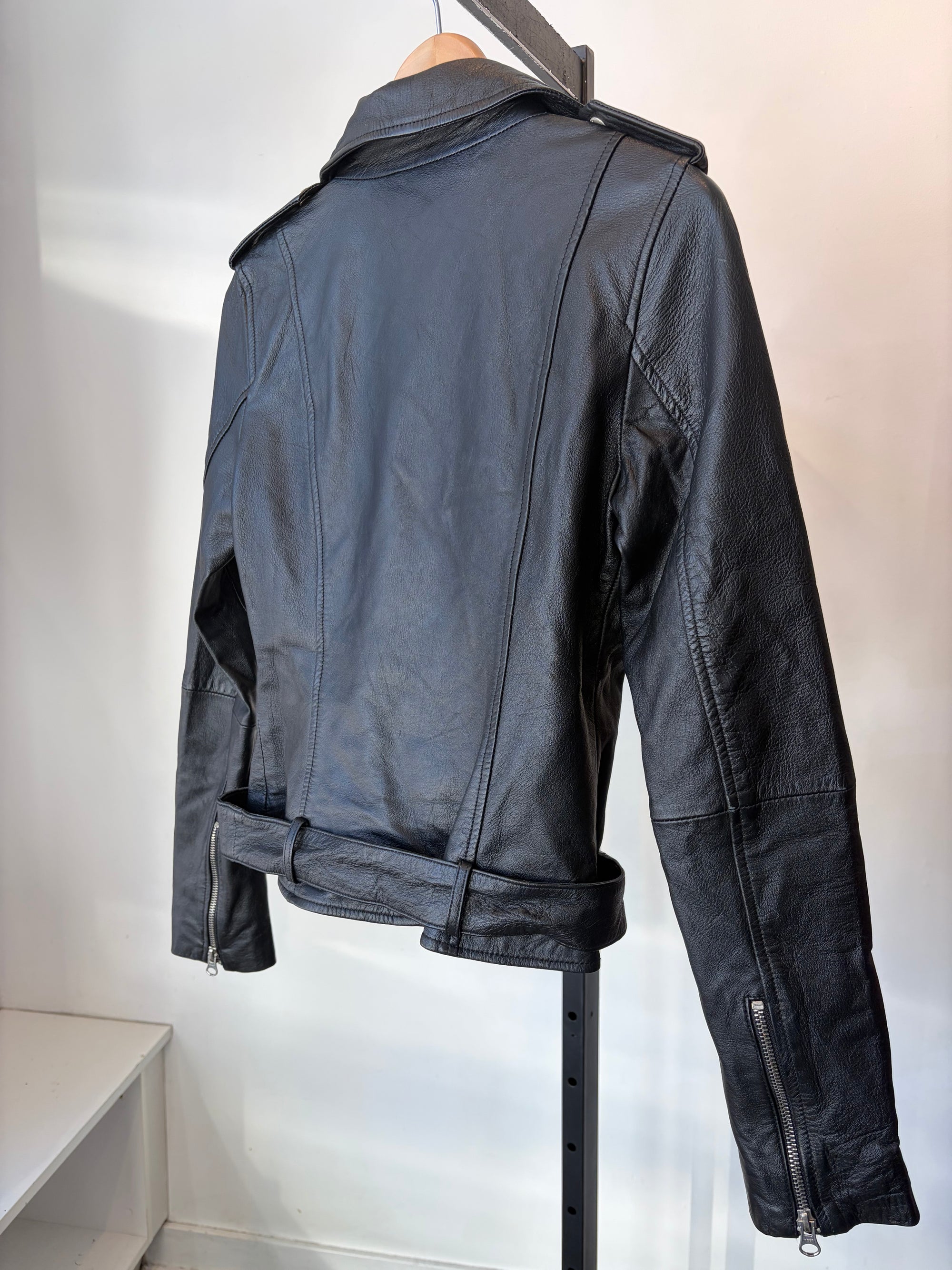 Barney's Originals Genuine Leather Biker Jacket NWT, Black, 8 (fits XS/S)