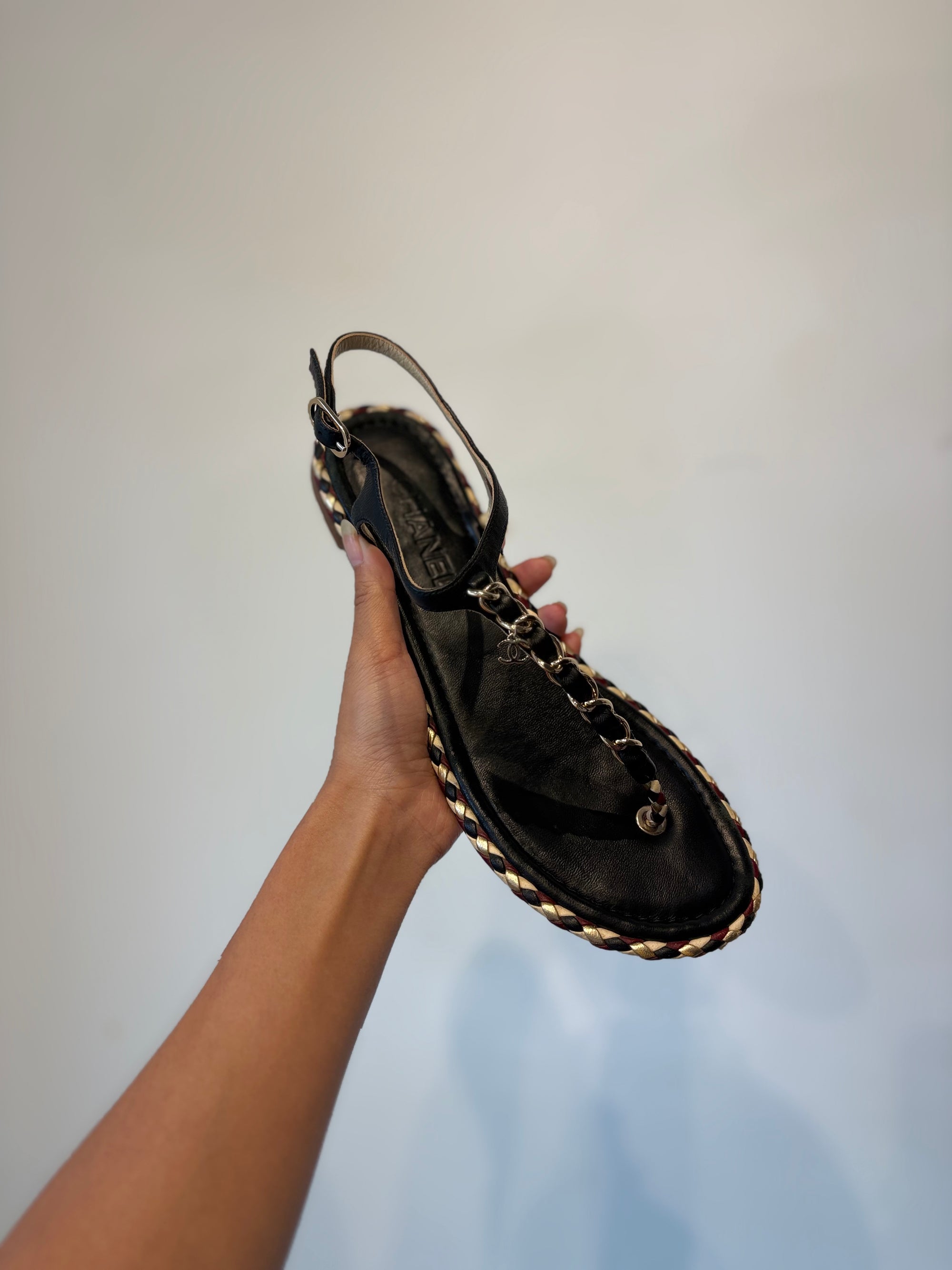 Chanel T-Strap Sandals, Black/Burgundy, 40