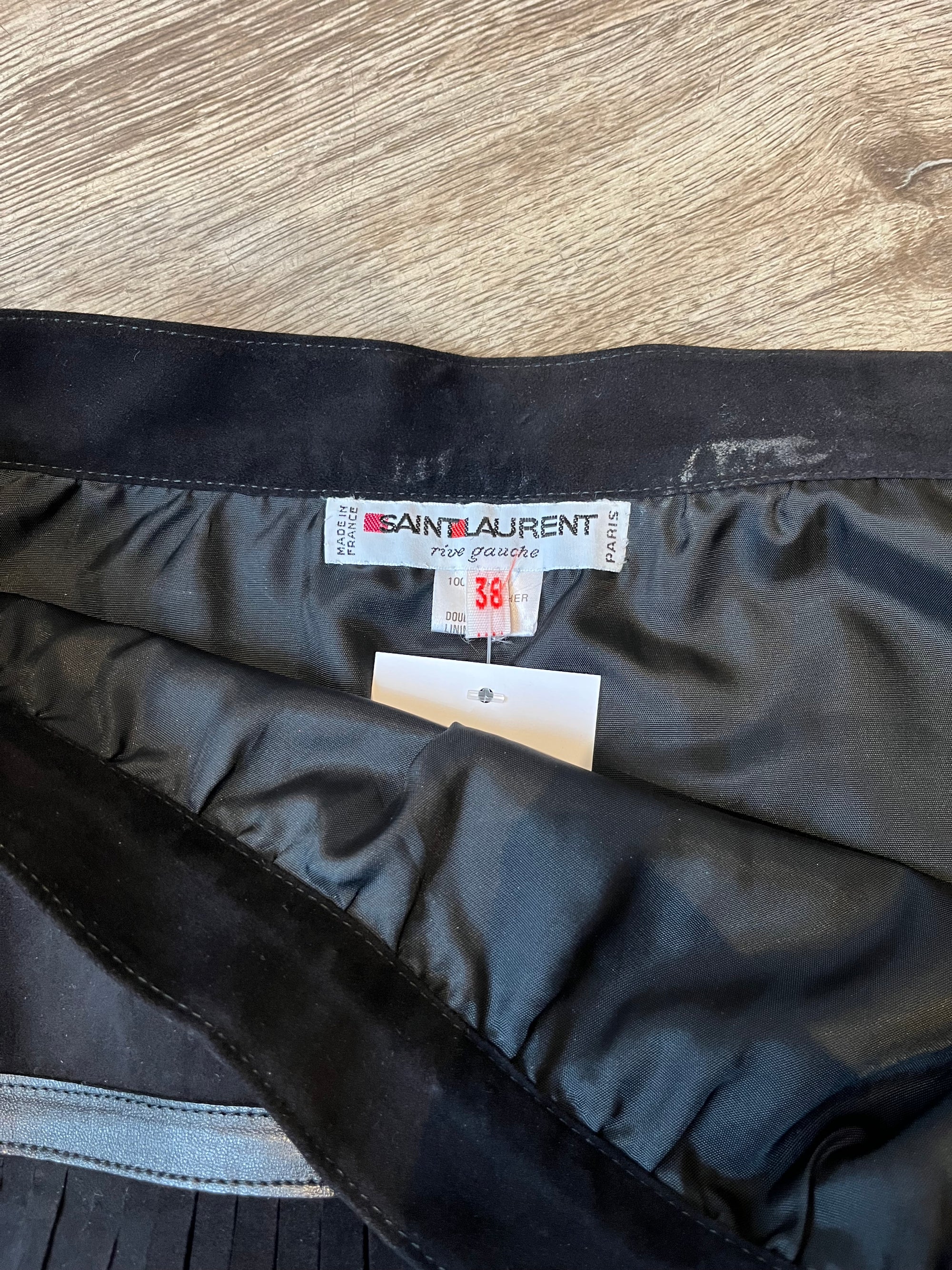 Saint Laurent Vintage Rive Gauche Suede Fringe Skirt, Black, 38