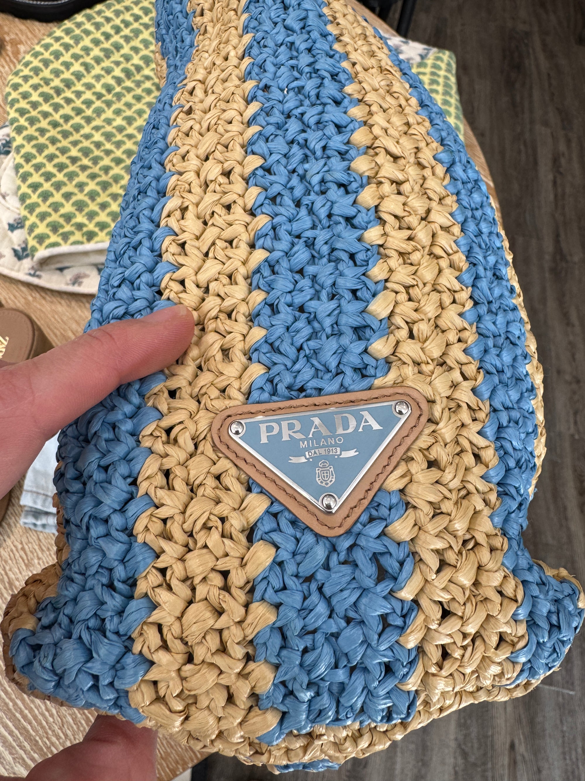 Prada Raffia Tote Bag, Tan / Blue, Large