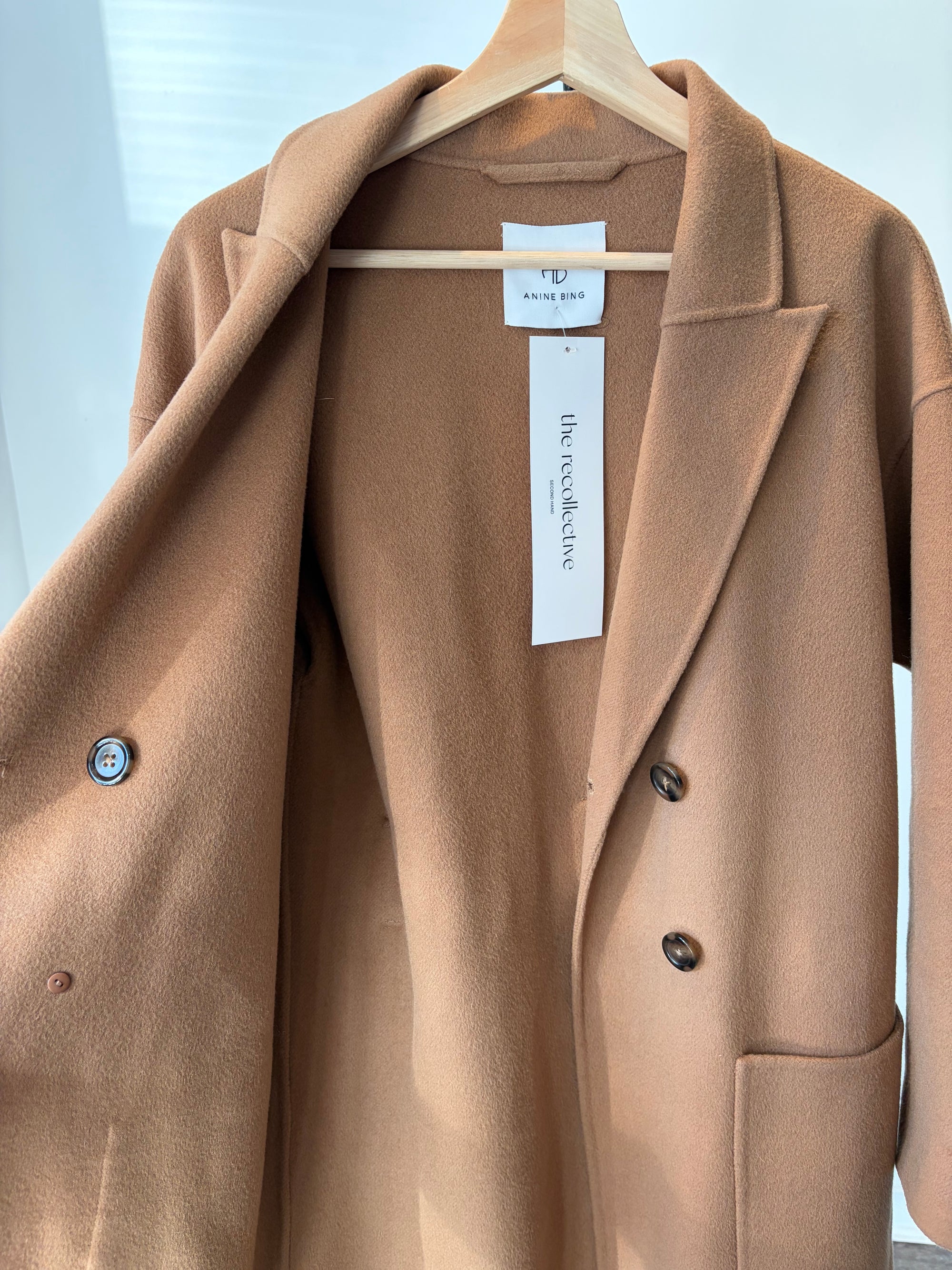 Anine Bing Dylan belted long coat, wool/cashmere blend, Camel, XS