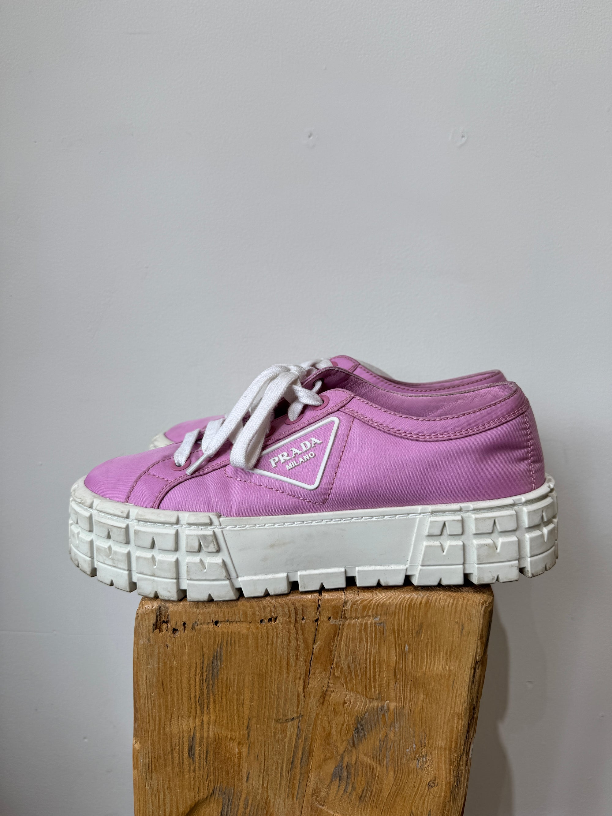 Prada Double Wheel Nylon Gabardine Sneakers, Pink, 41