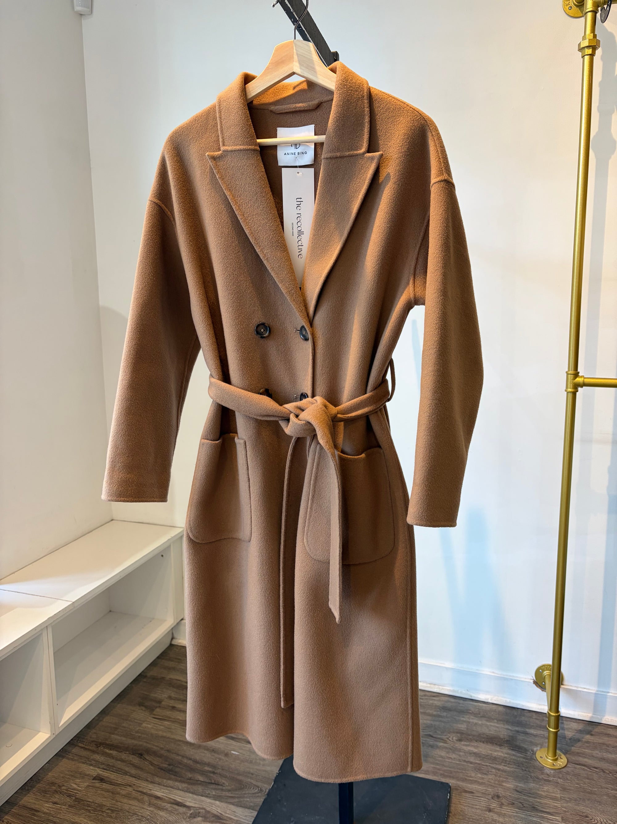 Anine Bing Dylan belted long coat, wool/cashmere blend, Camel, XS