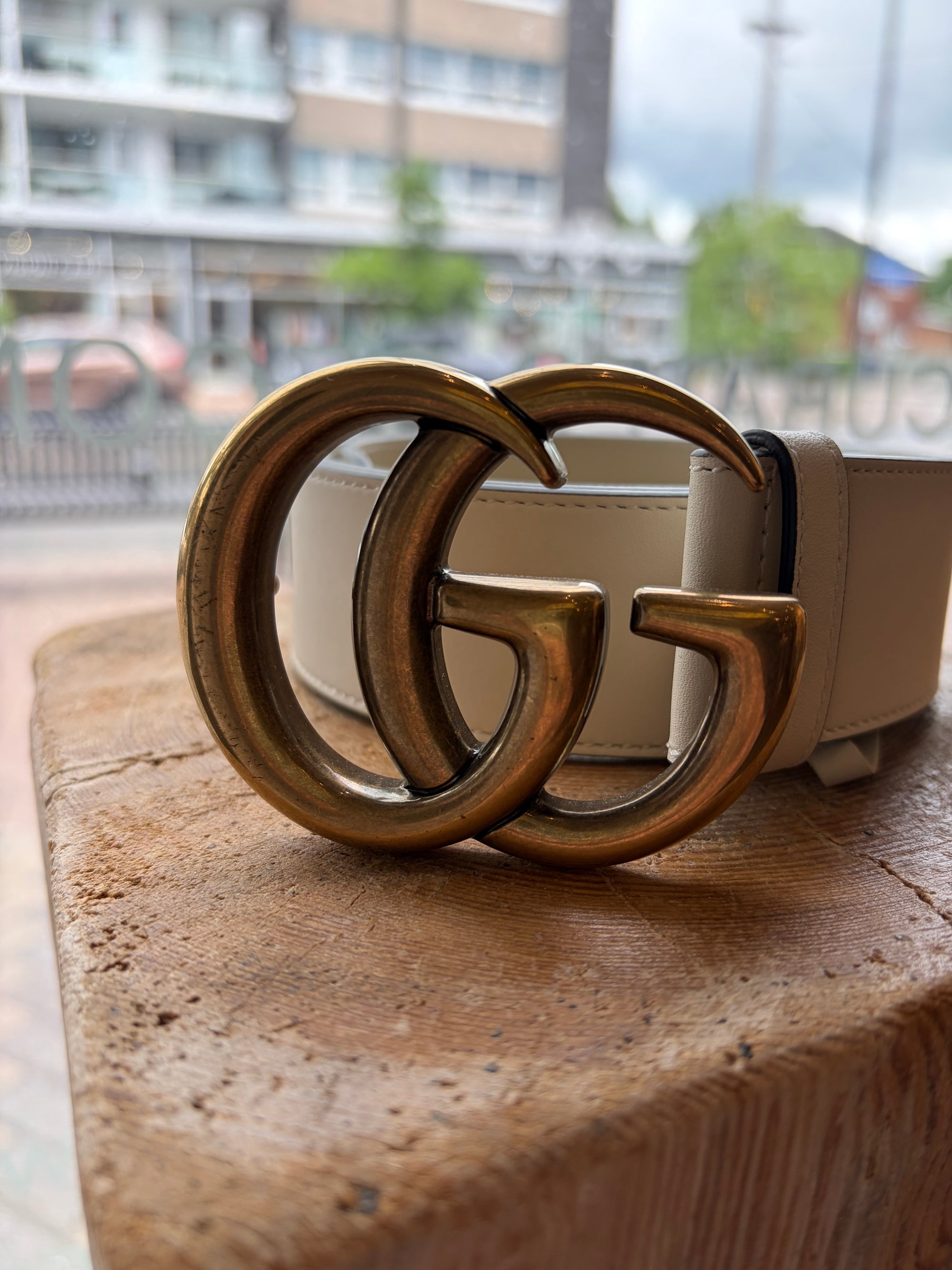 Gucci GG Marmont Wide Leather Belt, Cream/Gold, 90/36