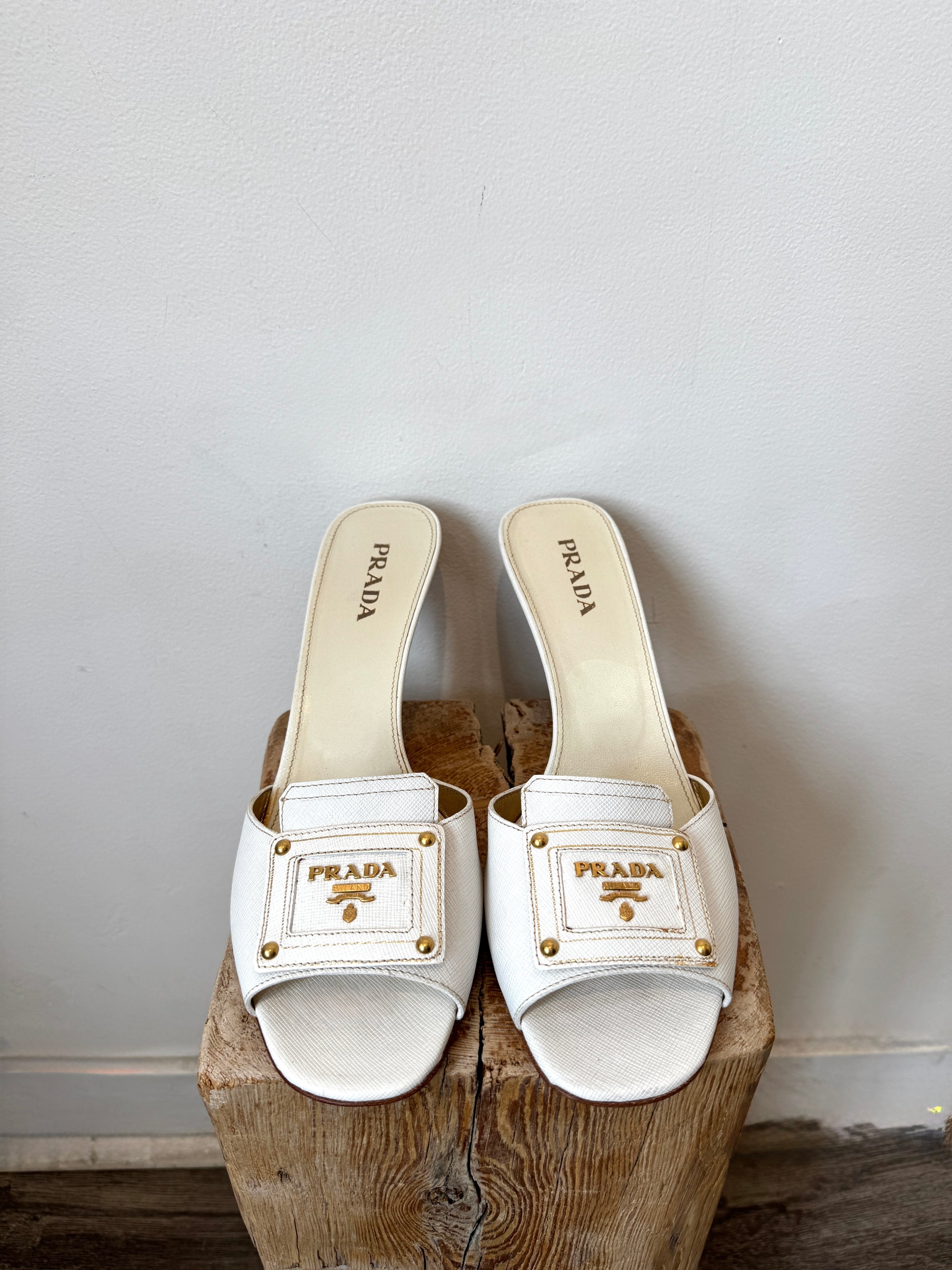 Prada Logo Mule Heels, White, 40