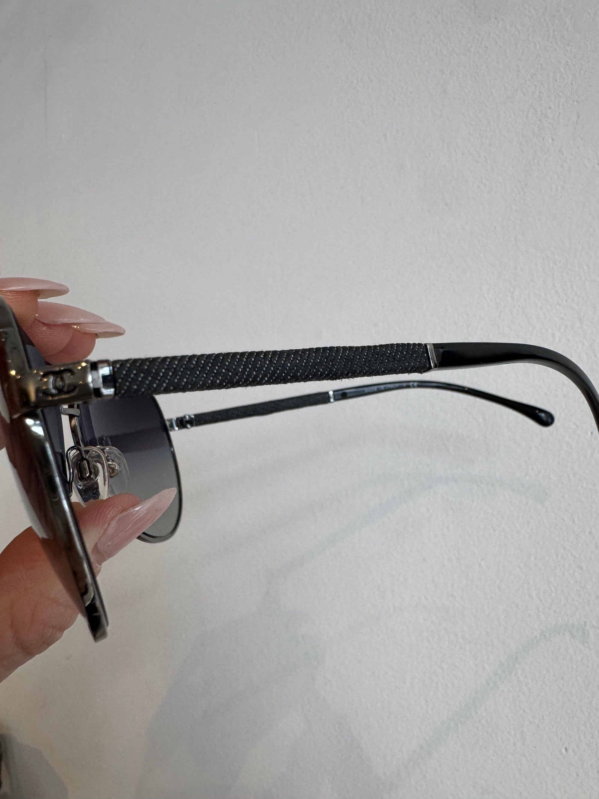 Chanel Aviator Sunglasses with denim arm detail,  Black/Silver