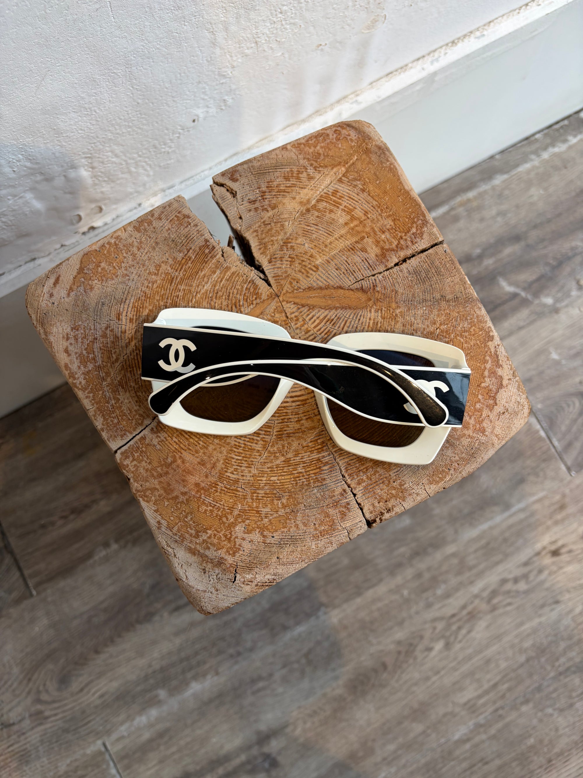 Chanel CC Logo Square Sunglasses, Black / White