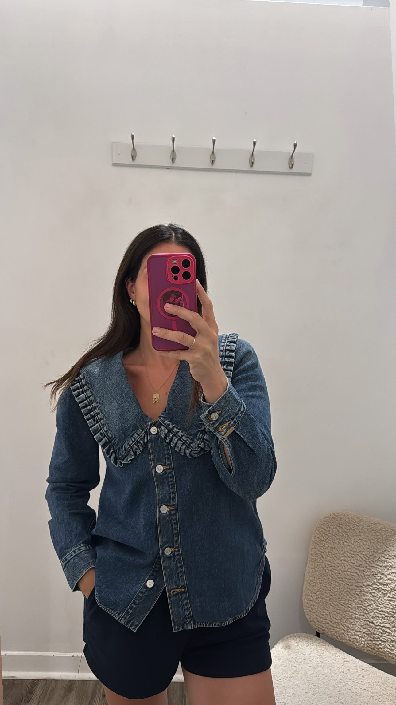Ganni denim ruffle blouse, Blue, 38