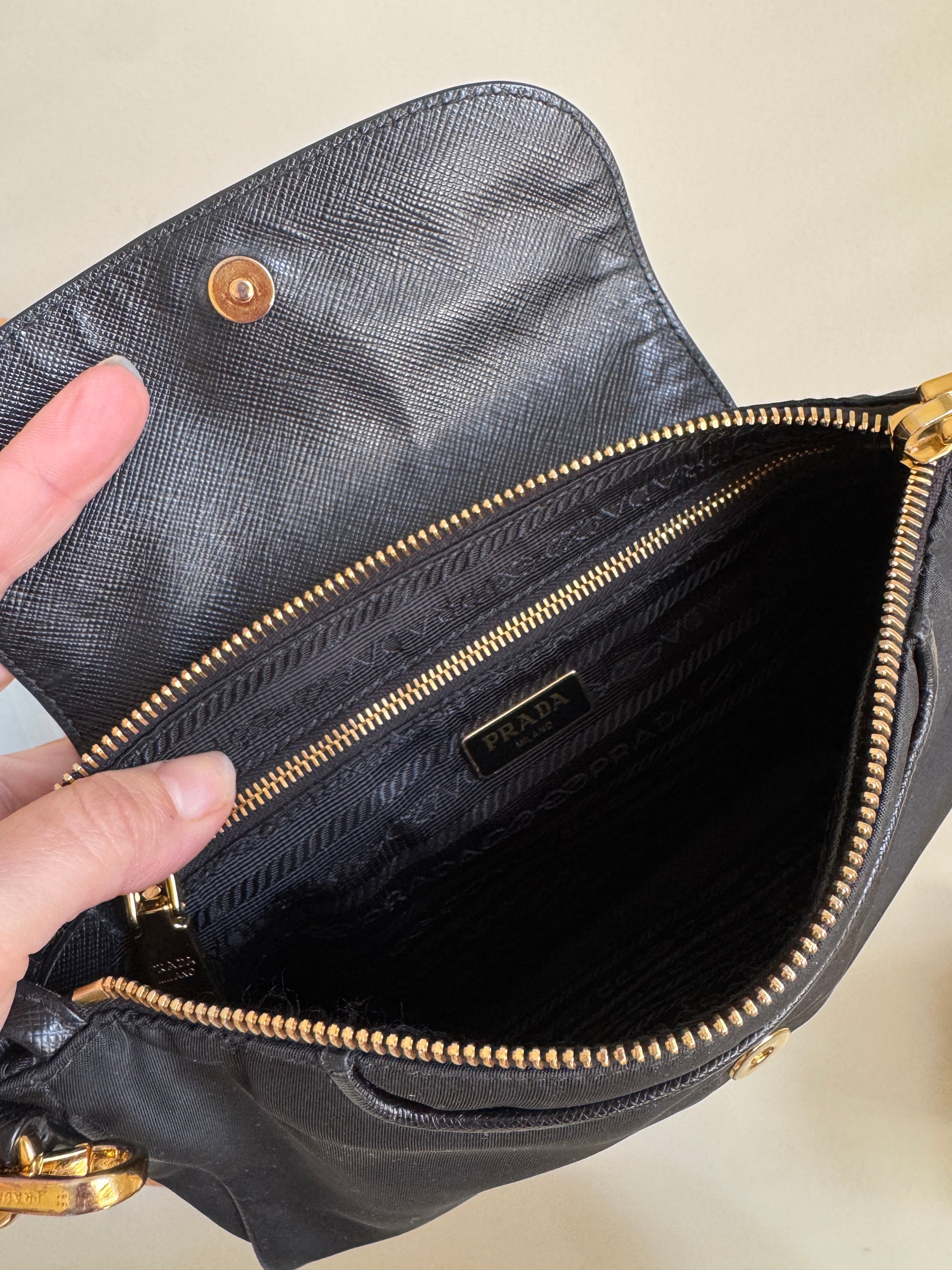 Prada Saffiano Trimmed Nylon Crossbody with gold chain,  Black