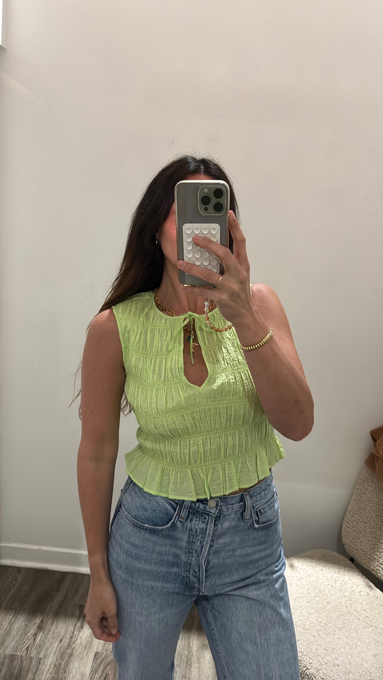 Frame Sleeveless Tie Front Shirred Top, Green, Small