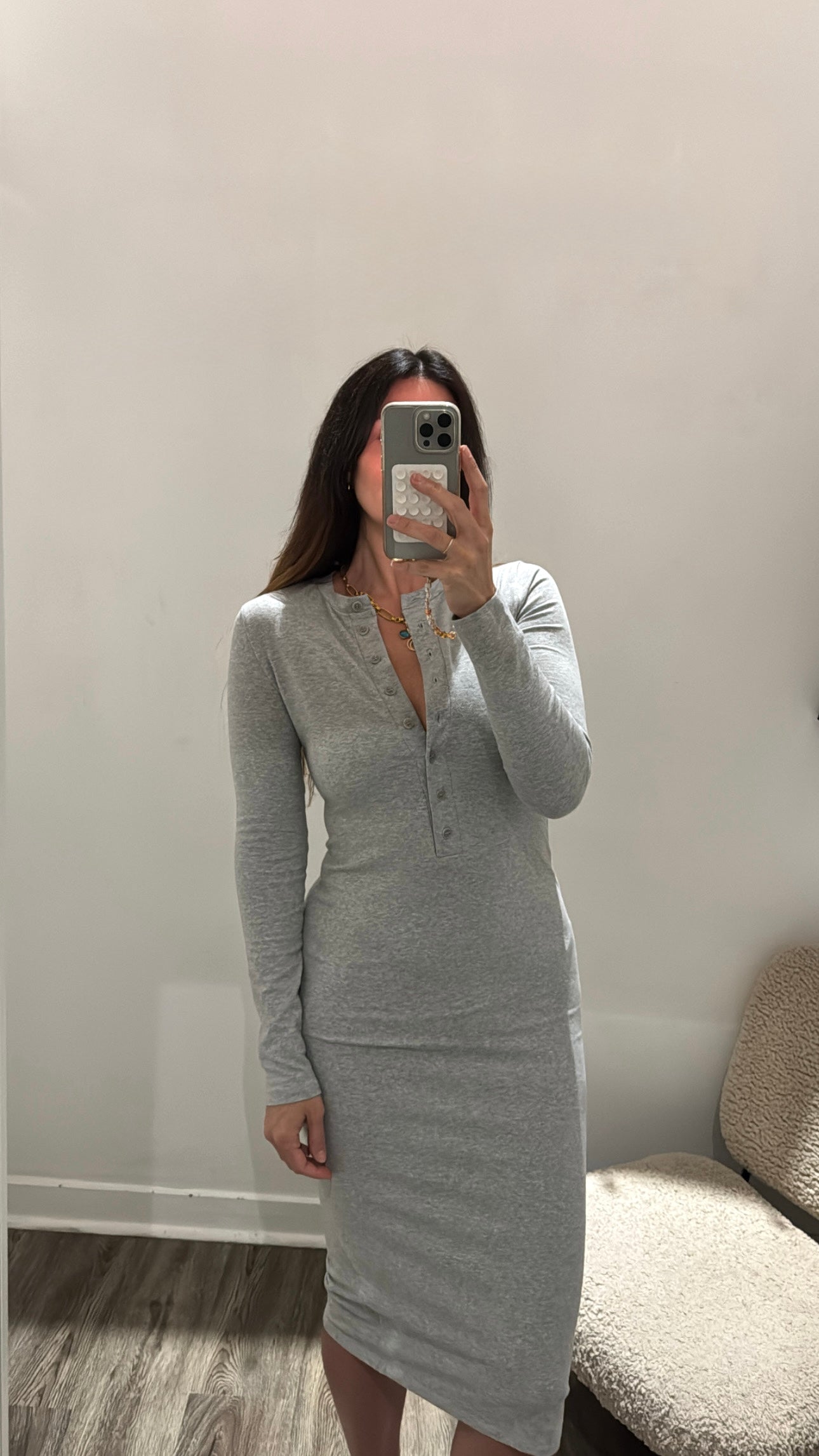 Reformation Henley Long Sleeve Button-up Midi Dress, Grey, Medium