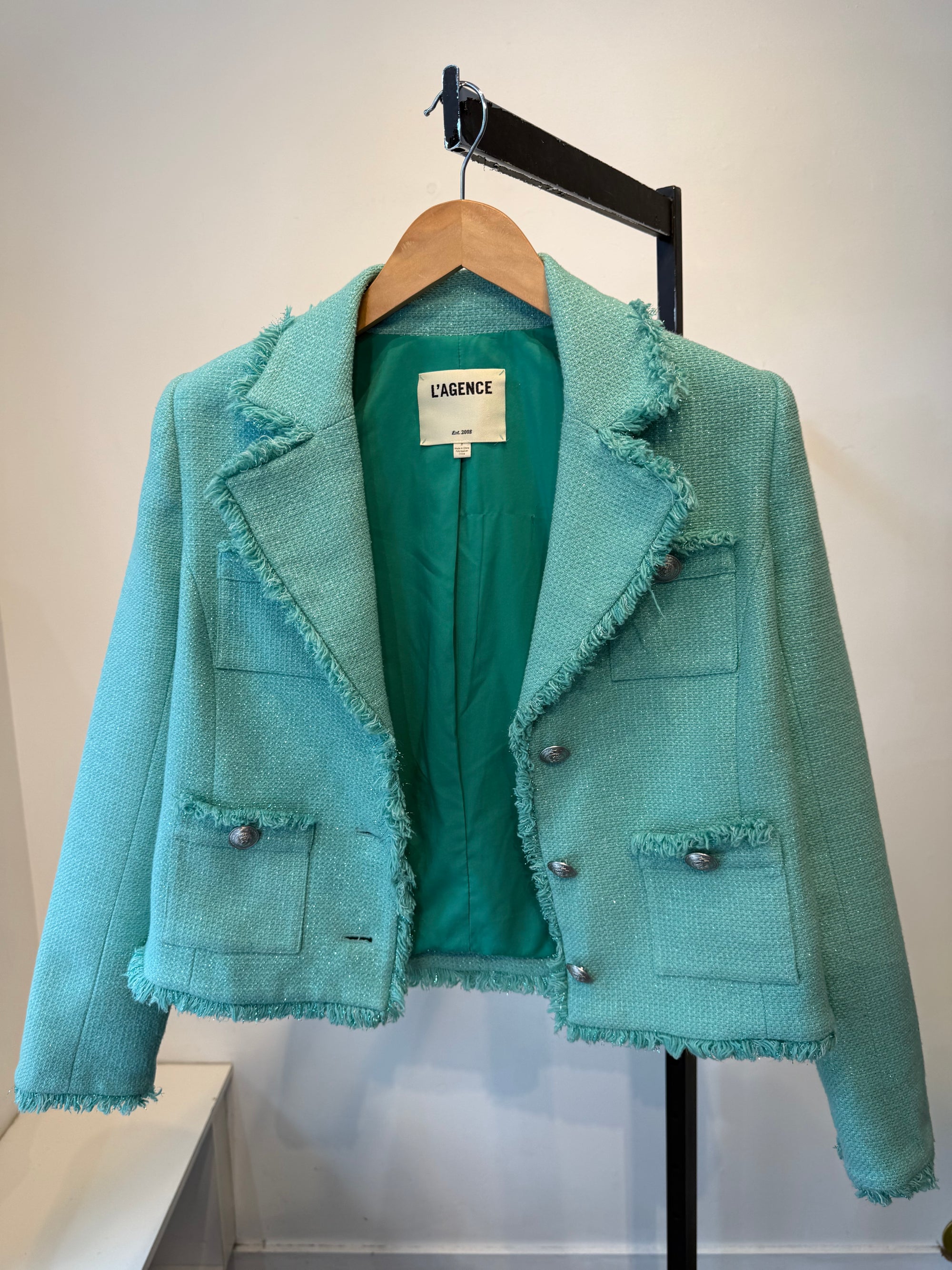 L’Agence Sylvia Tweed Jacket, Aqua, 2