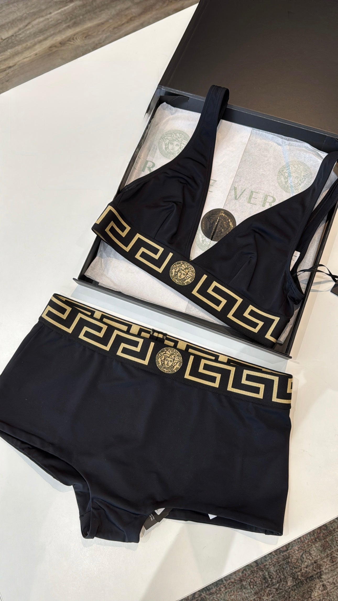 Versace Two Piece Triangle Bikini Top + Briefs Swimwear, Black