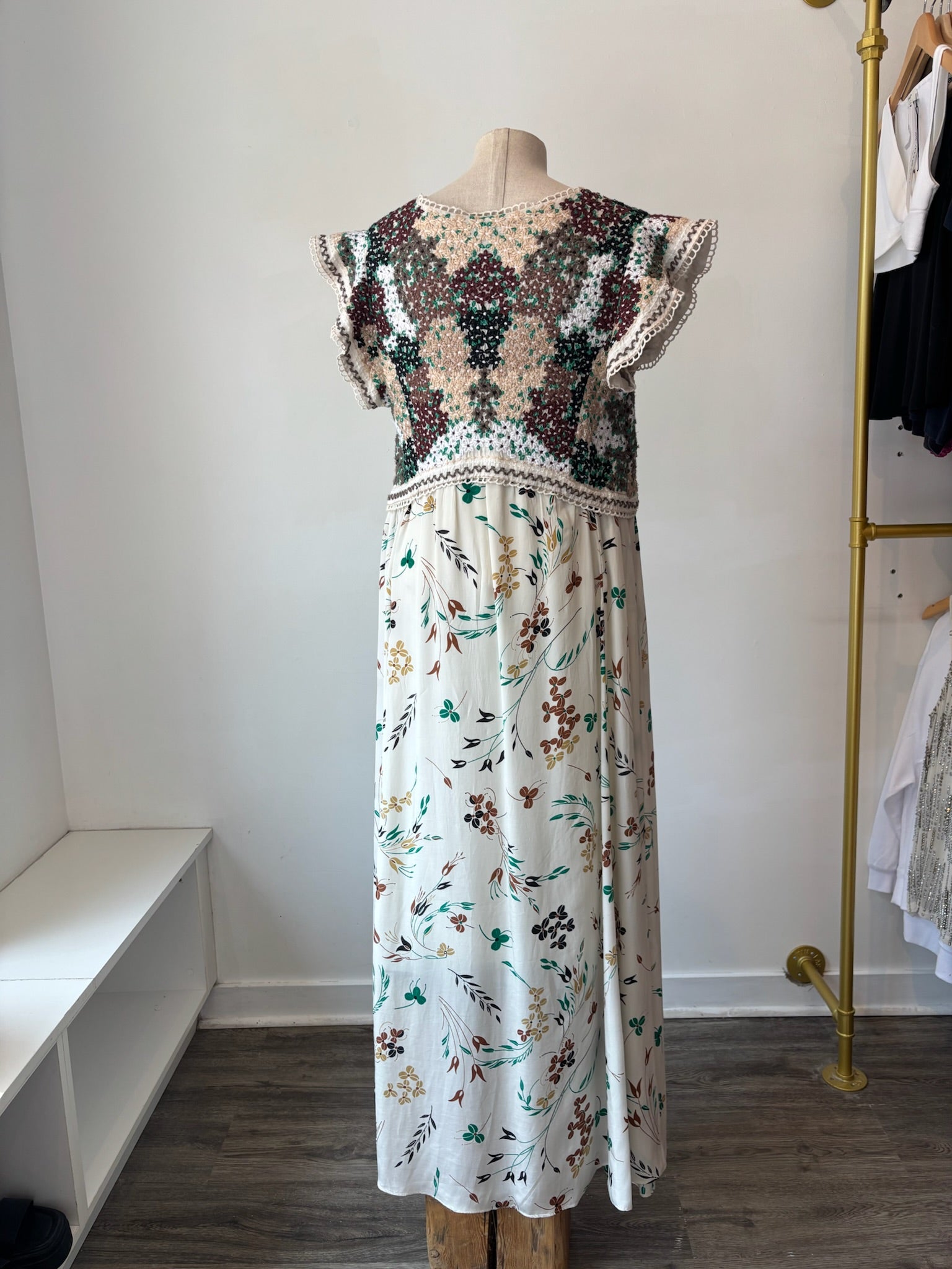 Anthropologie crochet top floral maxi dress, Cream, Large
