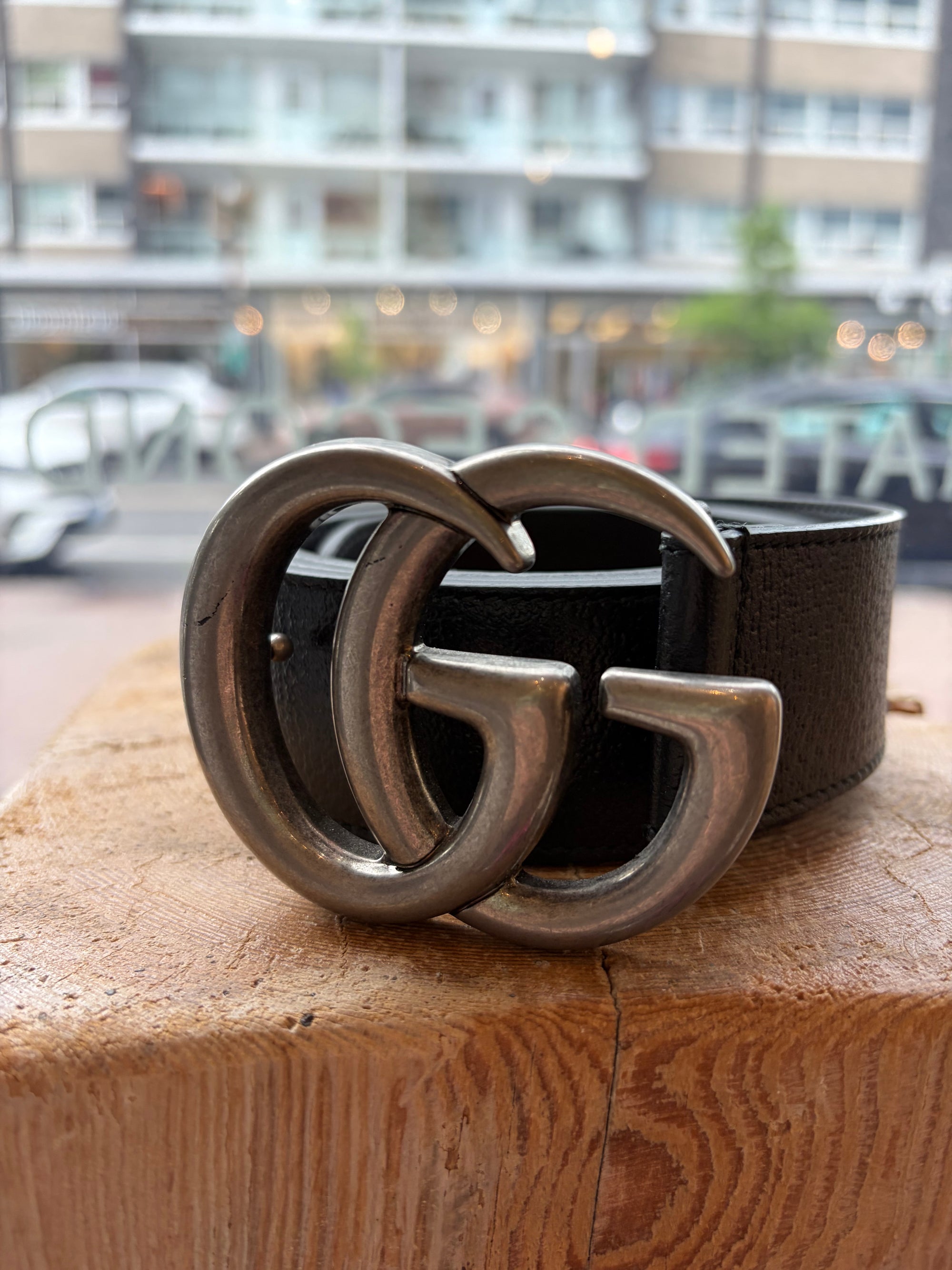 Gucci GG Marmont Wide Leather Belt, Black/Silver, 105/42