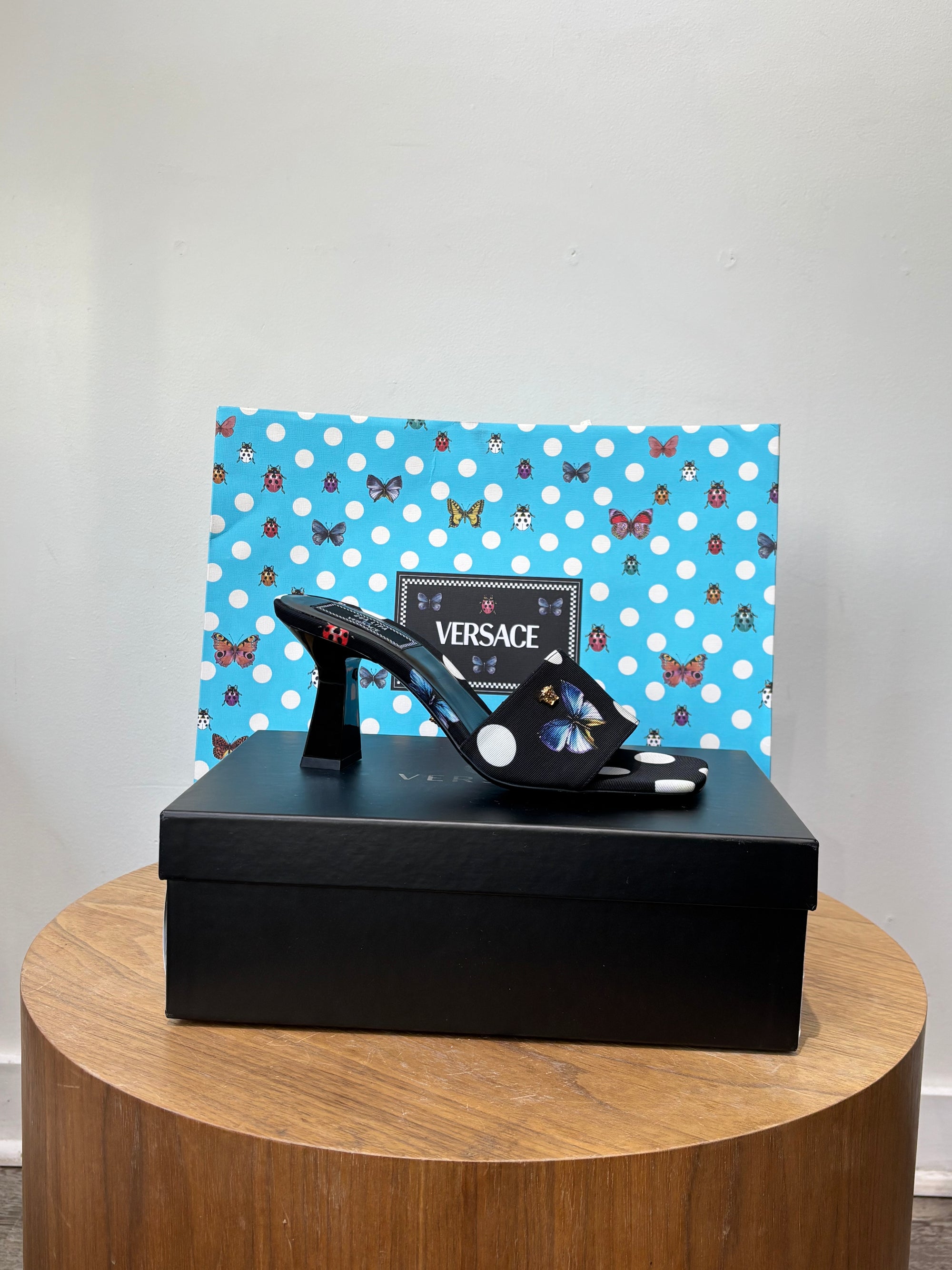 Versace x Dua Lipa Black Butterfly Heeled Mule, size 38