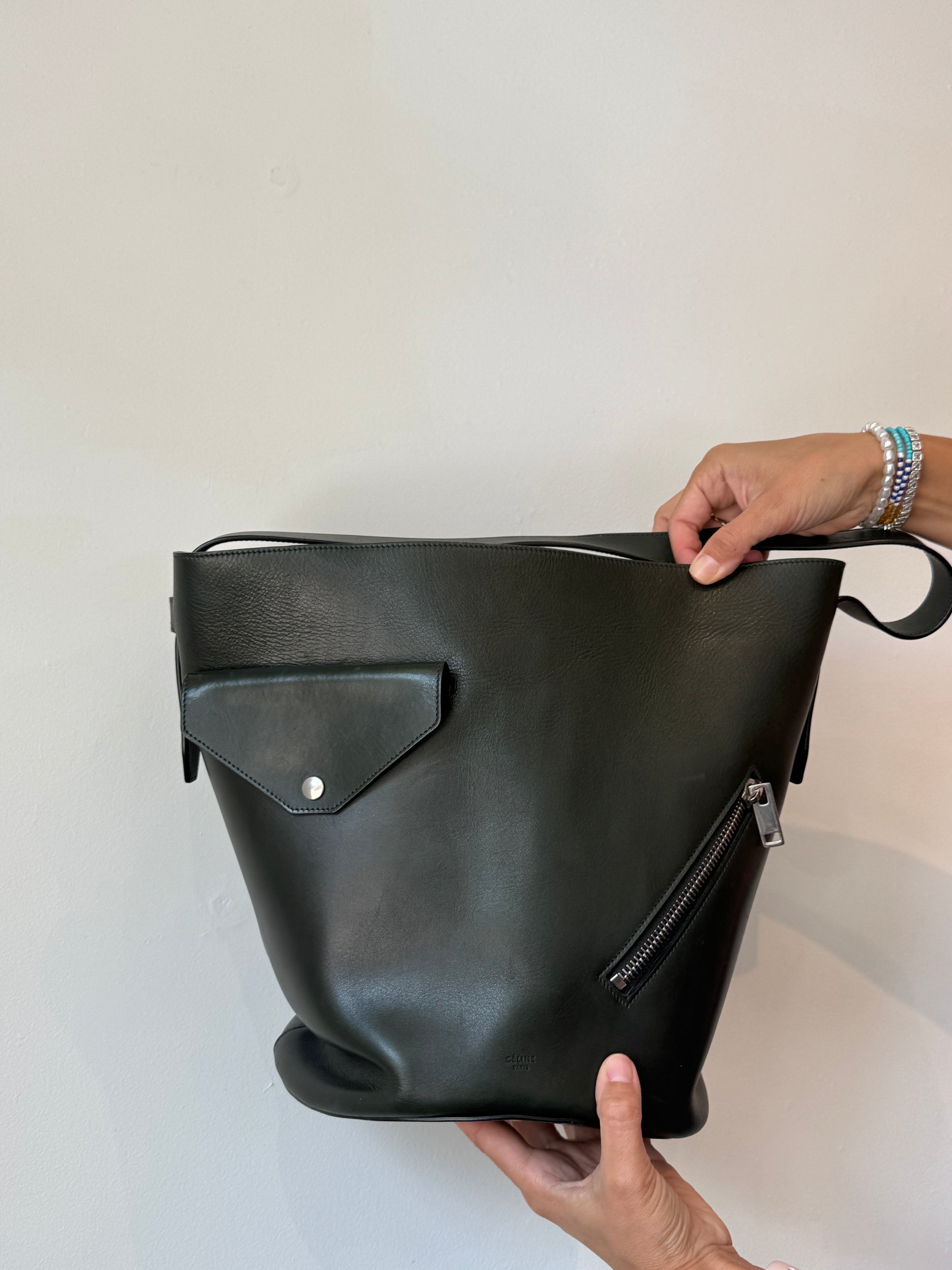 Celine Leather Bucket Bag Dark Forest Green